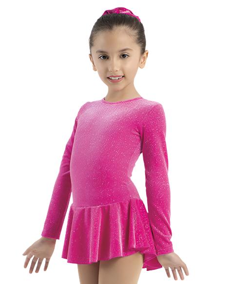 Glitter Skate Dress Pink Glitter - MONDOR Dress 2711 features a long sleeve pink glitter figure skating dress with flared skirt, perfect for competitions.