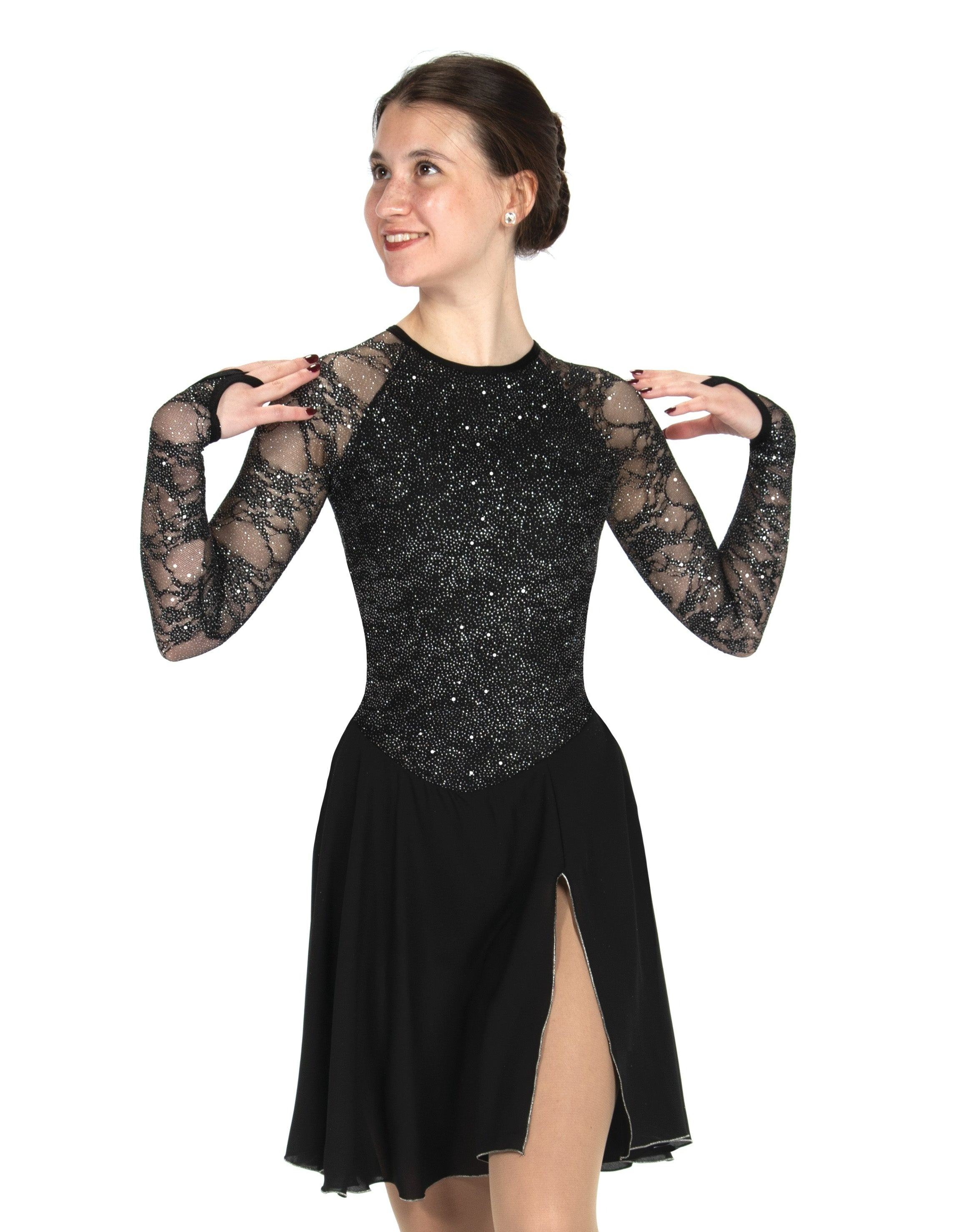 JR104 Onyx Dance Skate Dress with glitter bodice, lace sleeves, and silver-edged slit skirt, ideal for stylish figure skating performances.