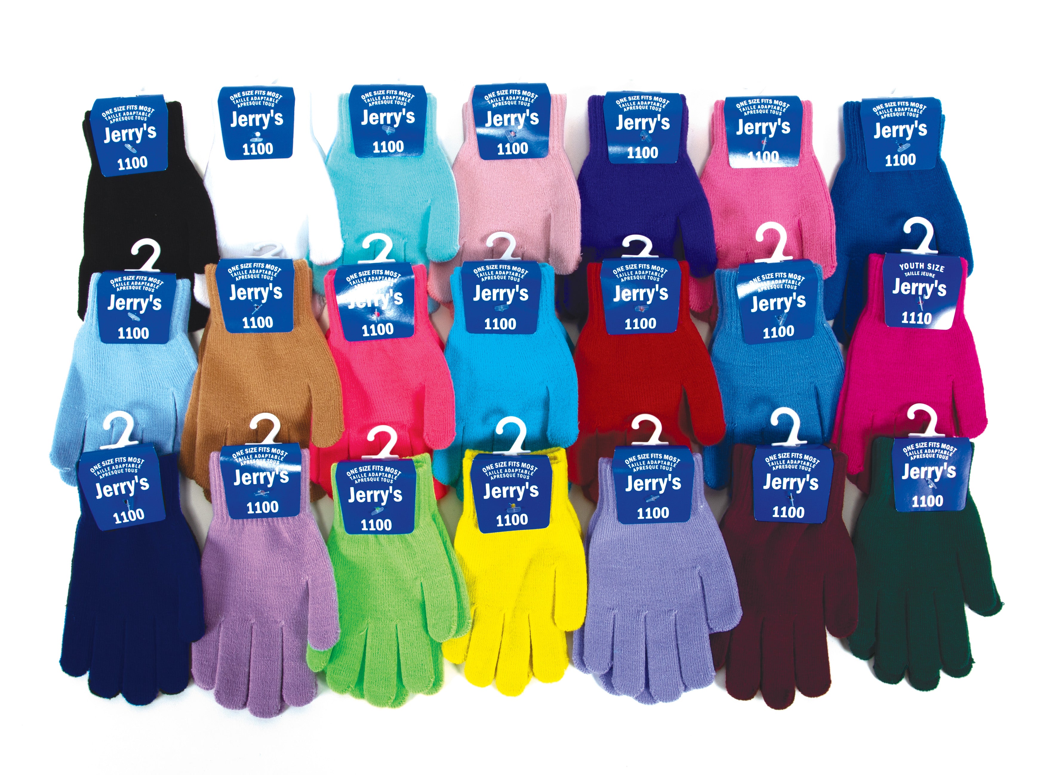 JR1100 Mini Gloves in various colors including black, red, purple, and blue. 100% acrylic ice skate gloves for figure skating comfort.