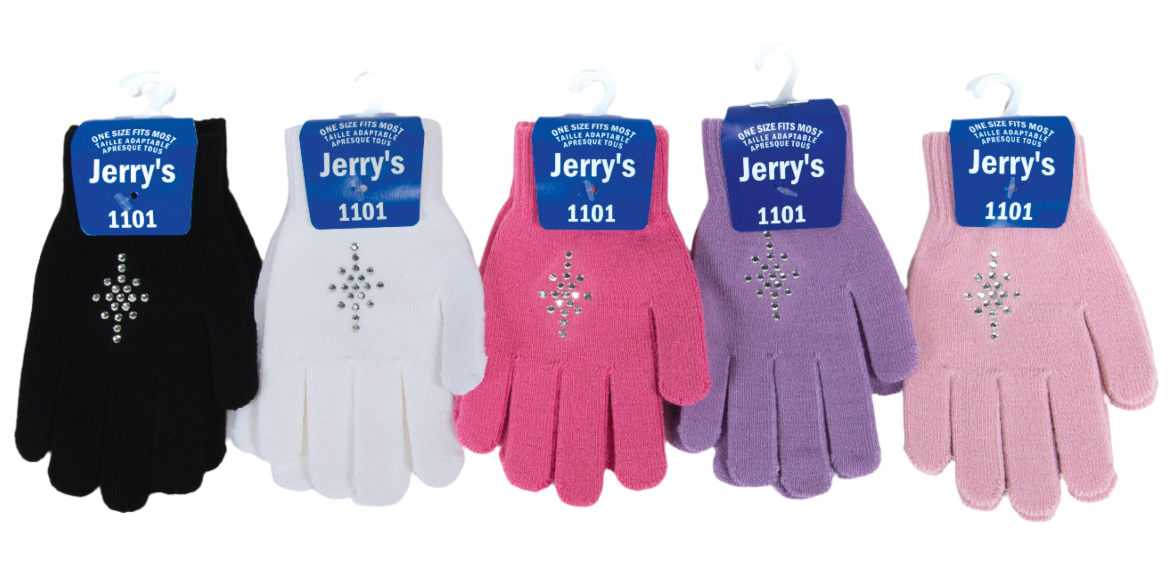 JR1101 Rhinestone Mini Gloves in black, white, pink, purple, and light pink with crystal accents. Stylish ice skate gloves for figure skaters.