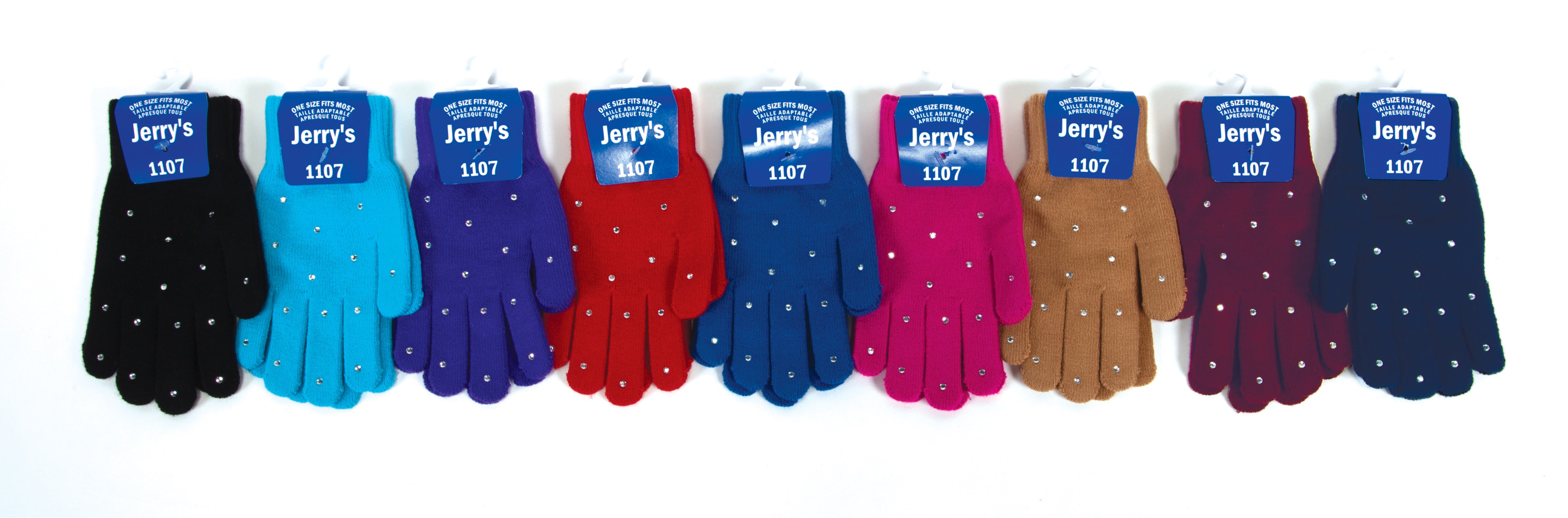 JR1107 Crystal Mini Gloves - Sparkle Gloves in assorted colors including black, blue, red, and purple with scattered crystals for ice skating.