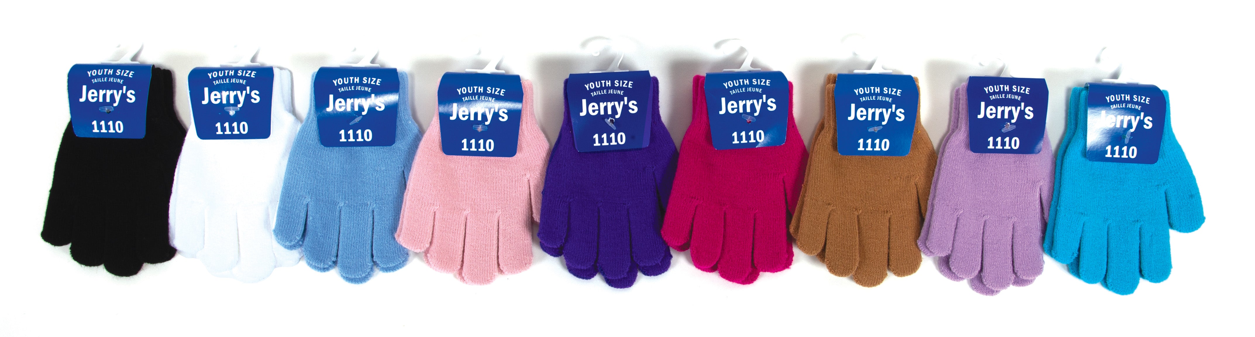 JR1110 Mini Gloves - Youth Gloves in 100% acrylic, shown in 9 color options including black, white, pastel blue, and pink for ice skating comfort.