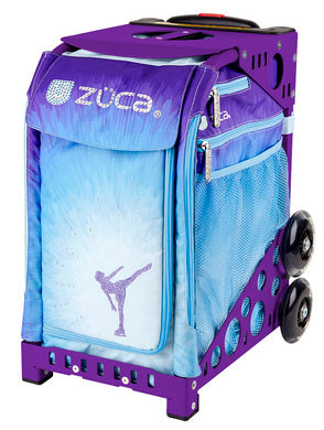 Zuca Sport Tote Bag in purple with blue ice skater design, durable frame and dual wheels for stairs. Ideal for figure skating gear transport.