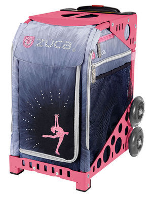 Zuca Sport Tote Bag with pink gymnast silhouette on navy background, pink frame and dual wheels. Great for skating or gymnastics gear.