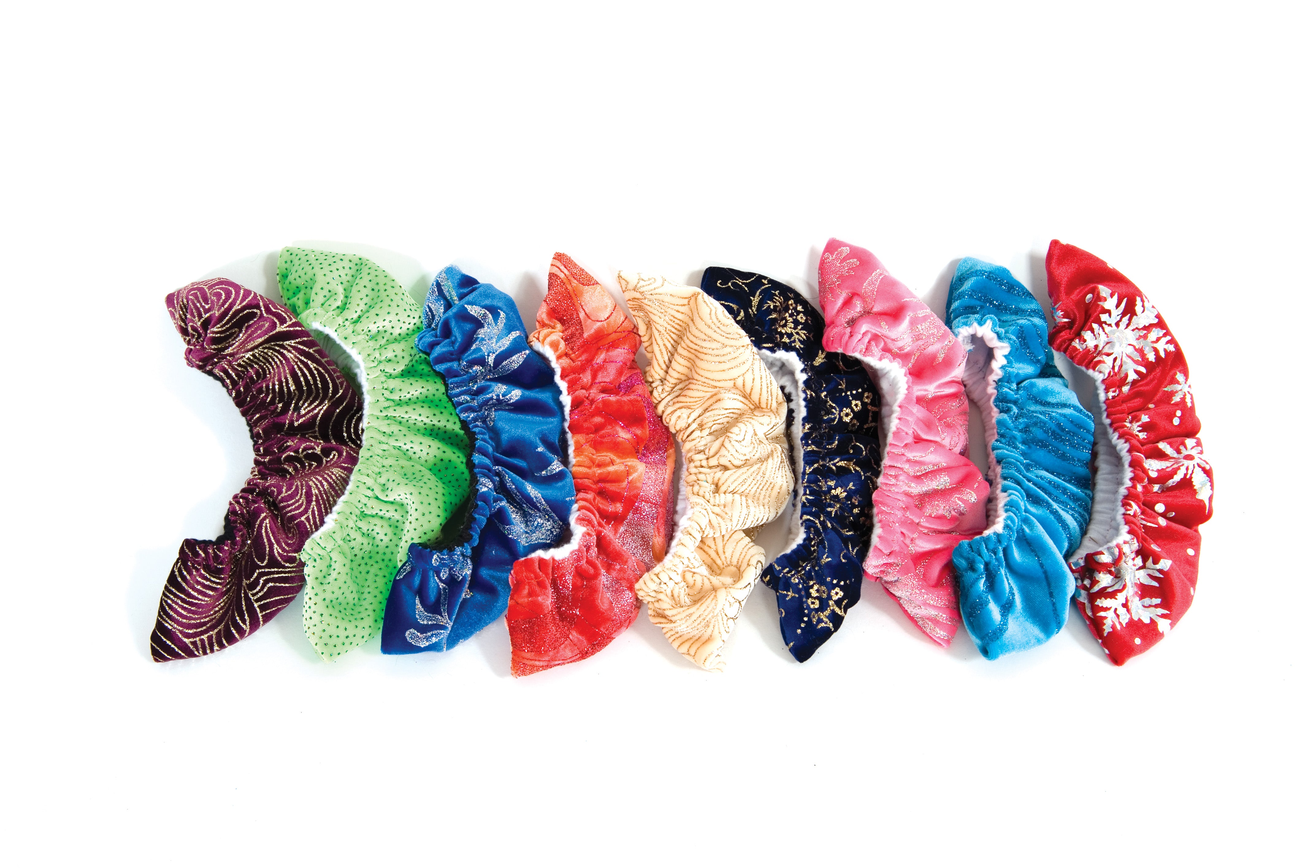 JR1215 Glitter Blade Covers in assorted vibrant colors with soft cotton flannel lining for stylish ice skate blade protection.