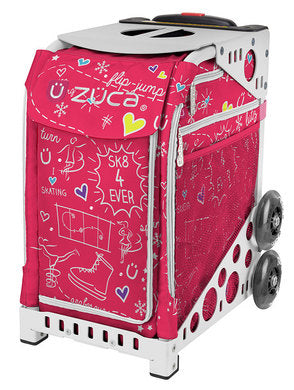 Zuca Sport Tote Bag in pink with white skating doodles, water-resistant and lightweight. Perfect for young skaters and travel use.