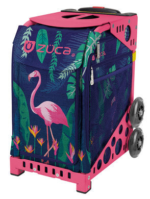 Zuca Sport Tote Bag with flamingo and tropical leaf print, pink frame and dual wheels. Lightweight and water-resistant for travel or skating.