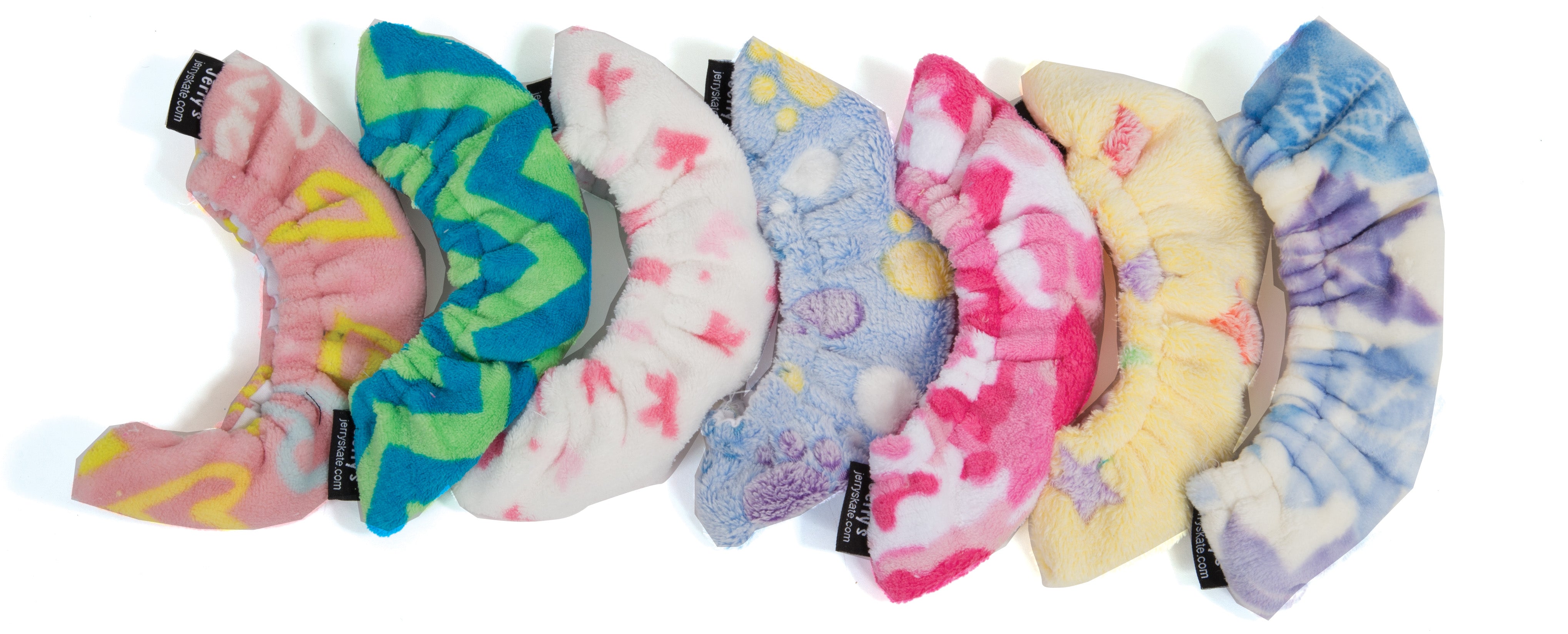 JR1417 Marshmallow Blade Covers in assorted soft fleece patterns with brushed cotton lining, ideal for protecting ice skate blades.