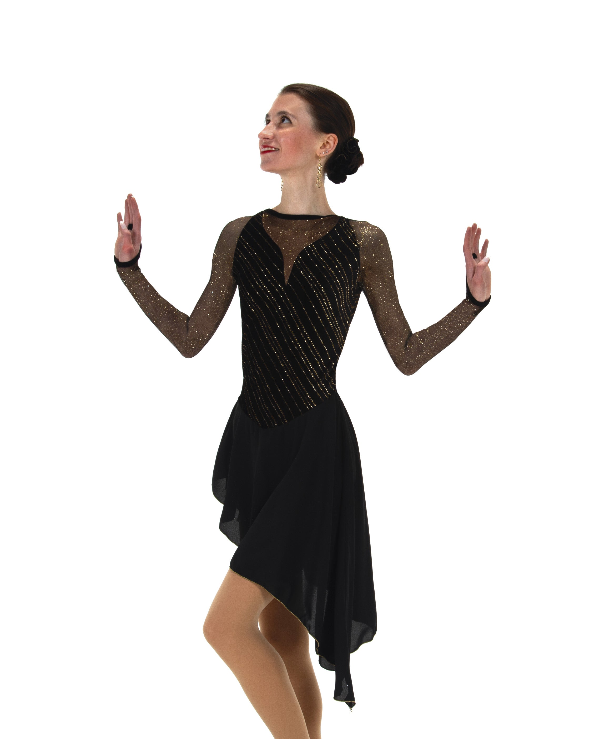 JR199 Dance Diagonal Dance Figure Skate Dress with glitter mesh sleeves and angled georgette skirt, ideal for figure skating competitions.