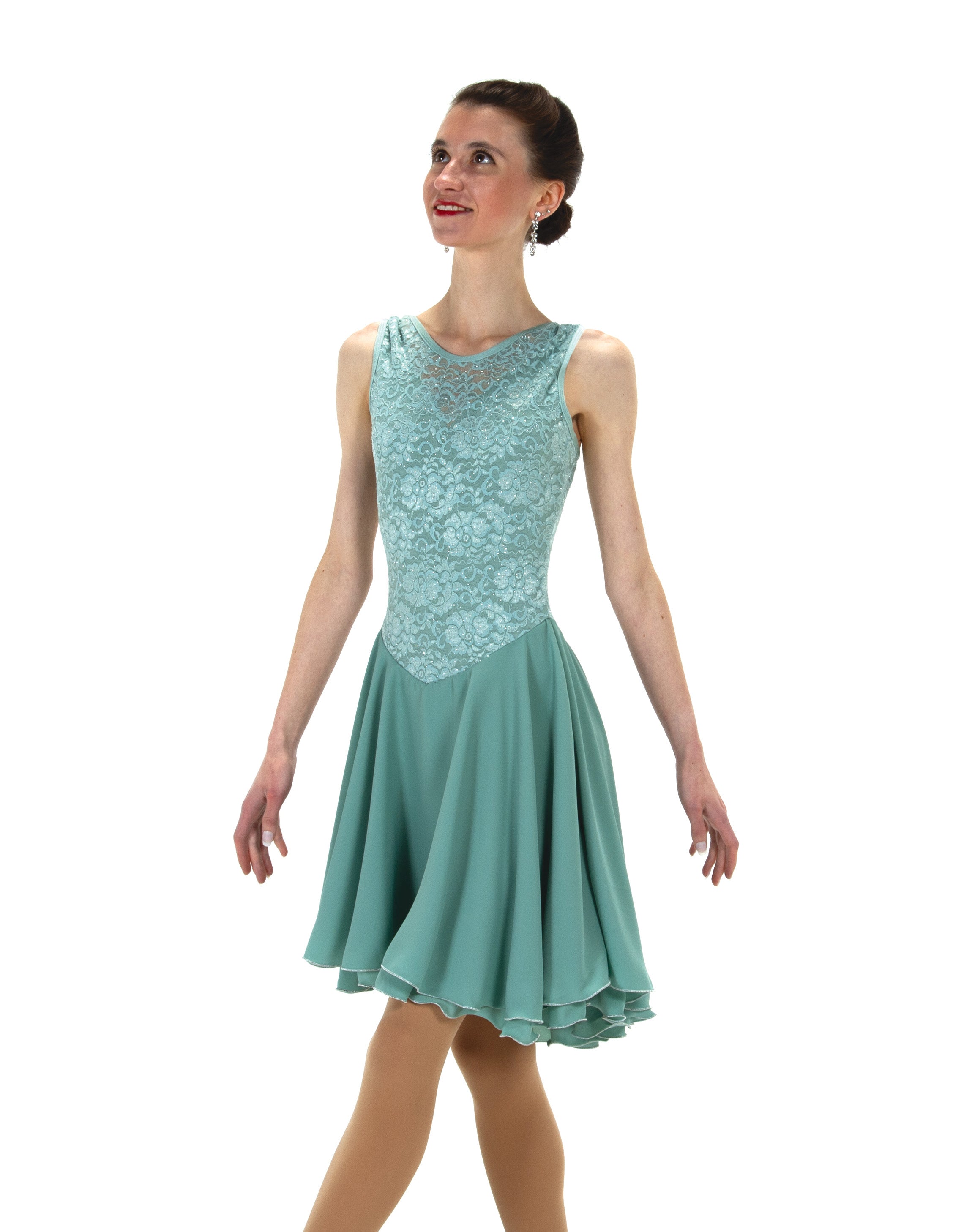Willowy Waltz Figure Skate Dress in willow green with lace bodice and flowing skirt, ideal for dance and figure skating performances.