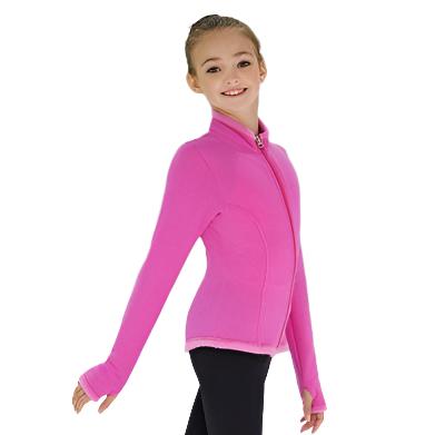 Girl wearing pink figure skate jacket with zipper