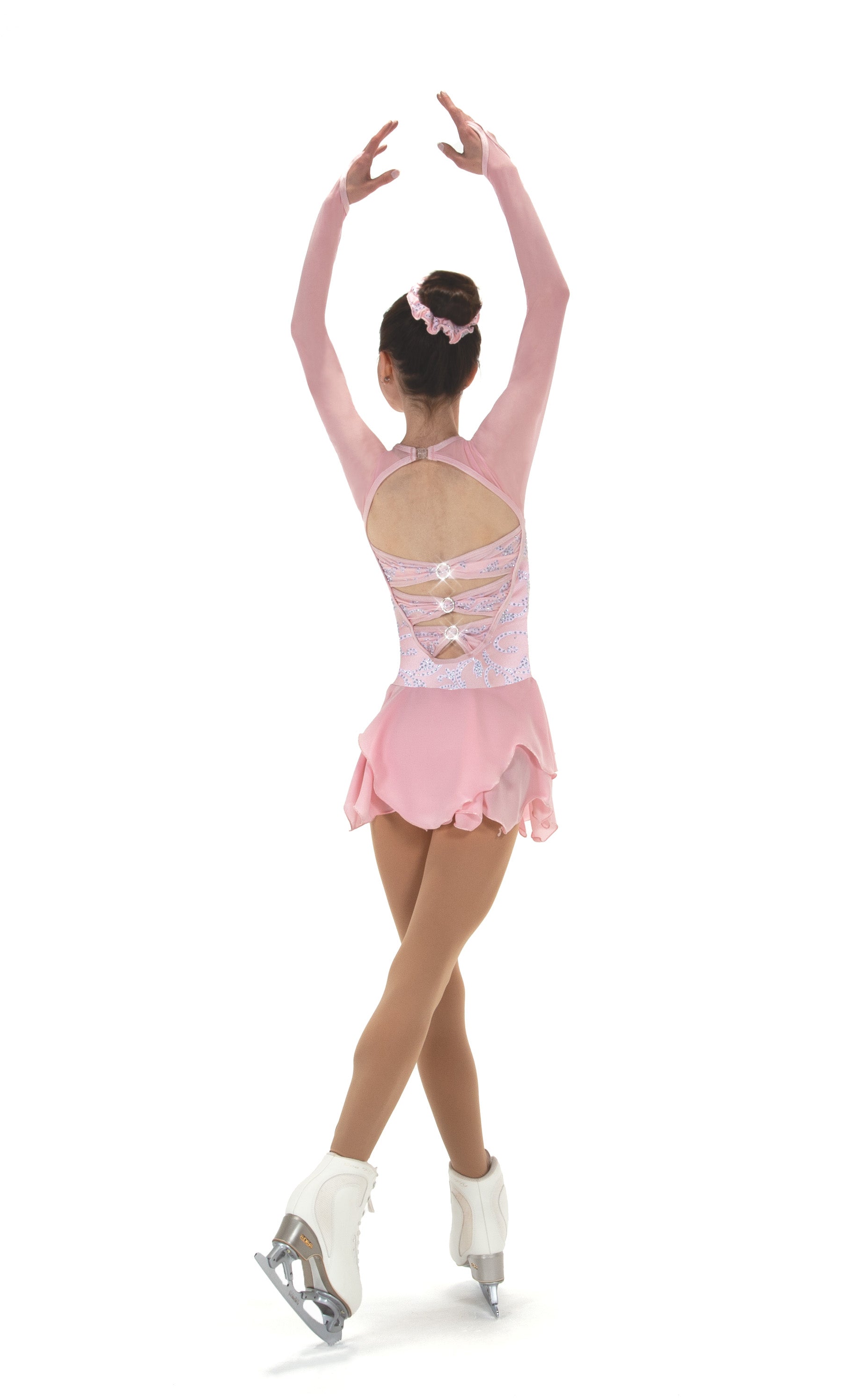 Back view of JR526 Frost Figure Skate Dress showing low back with crisscross straps and layered tulip hem, perfect for figure skating.