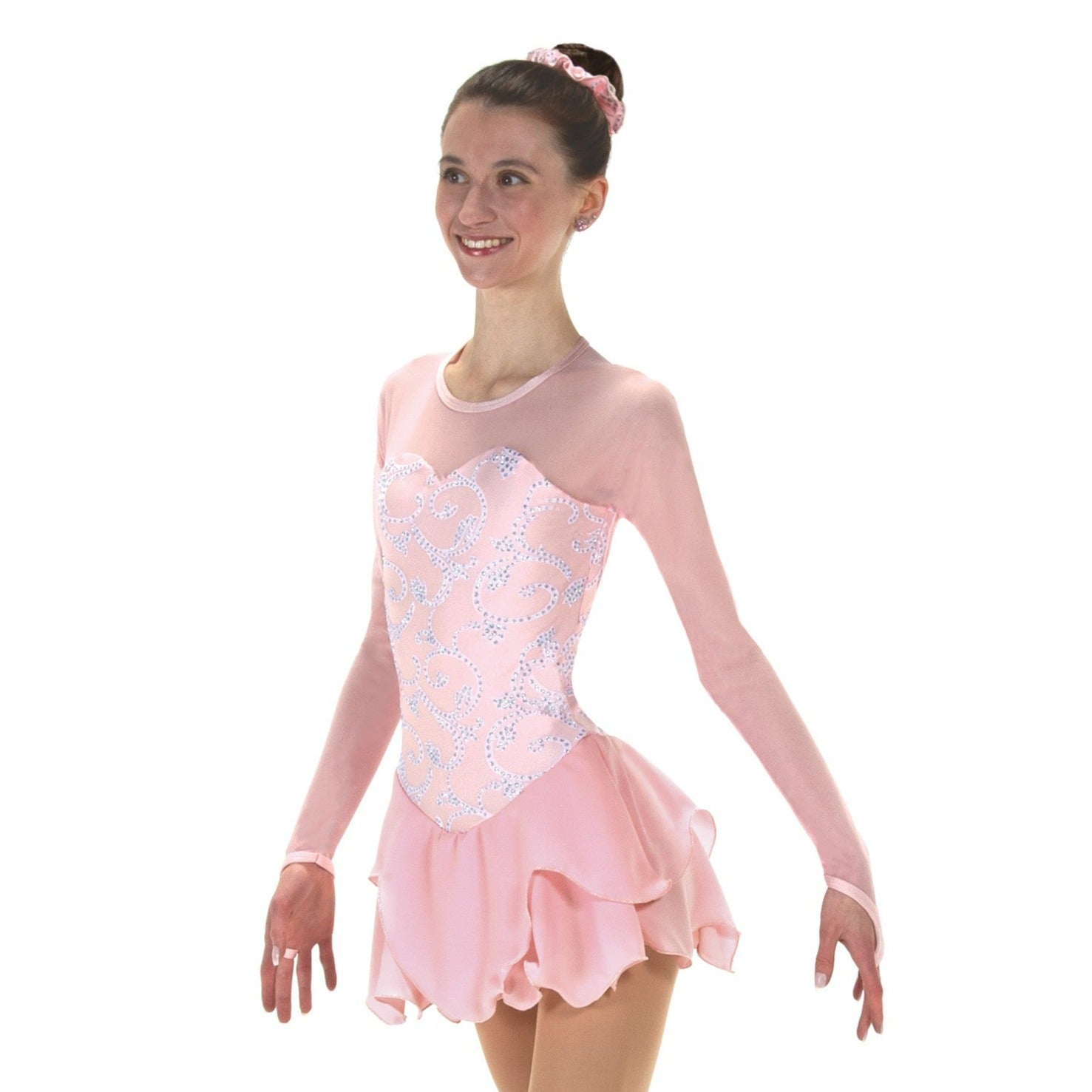JR526 Frost Figure Skate Dress in petal pink with mesh sleeves, glittery bodice, and tulip hem, ideal for dance or competition wear.