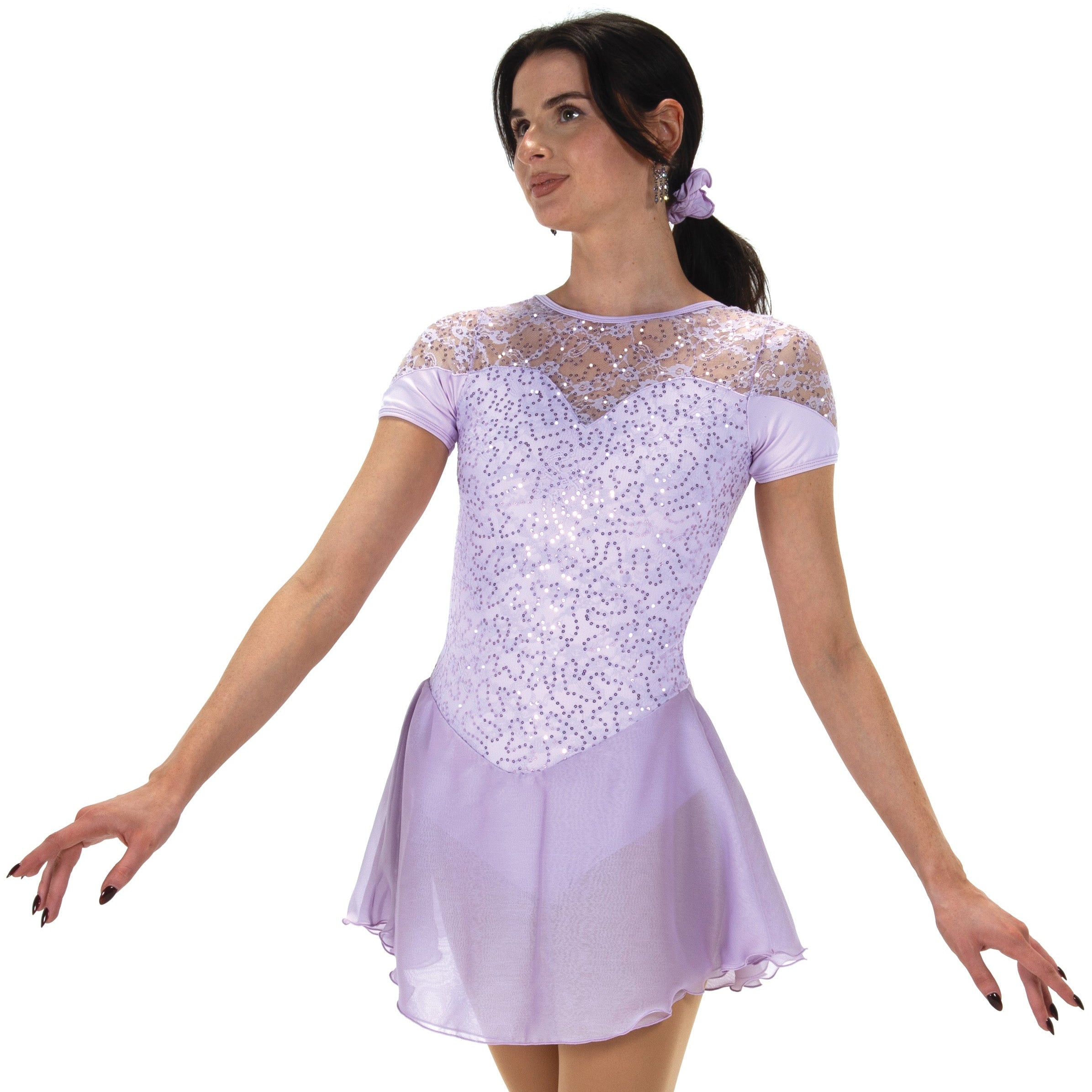 JR528 Skate Dress in lavender with sweetheart neckline, sequin bodice, chiffon skirt, and cap sleeves. Ideal for figure skating or dance.