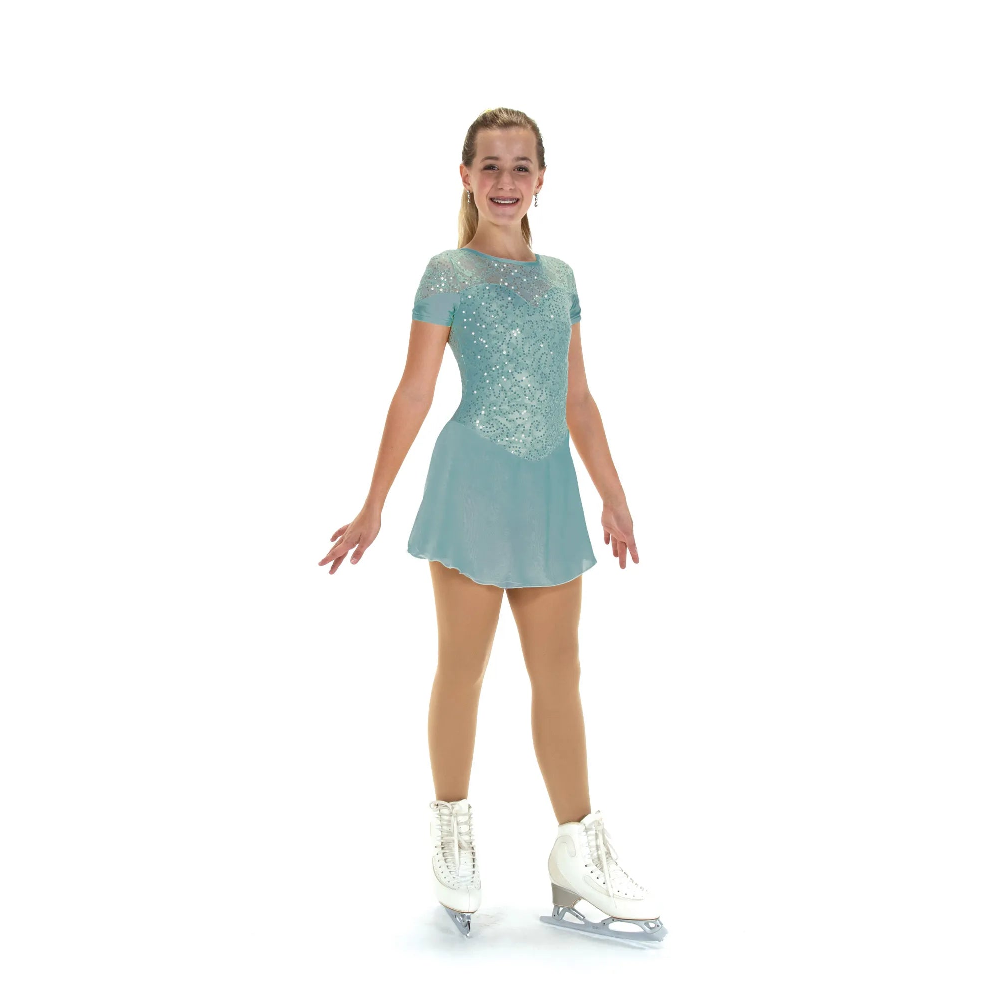JR528-SM Softly Sequins Dance Figure Skate Dress Sea Mist