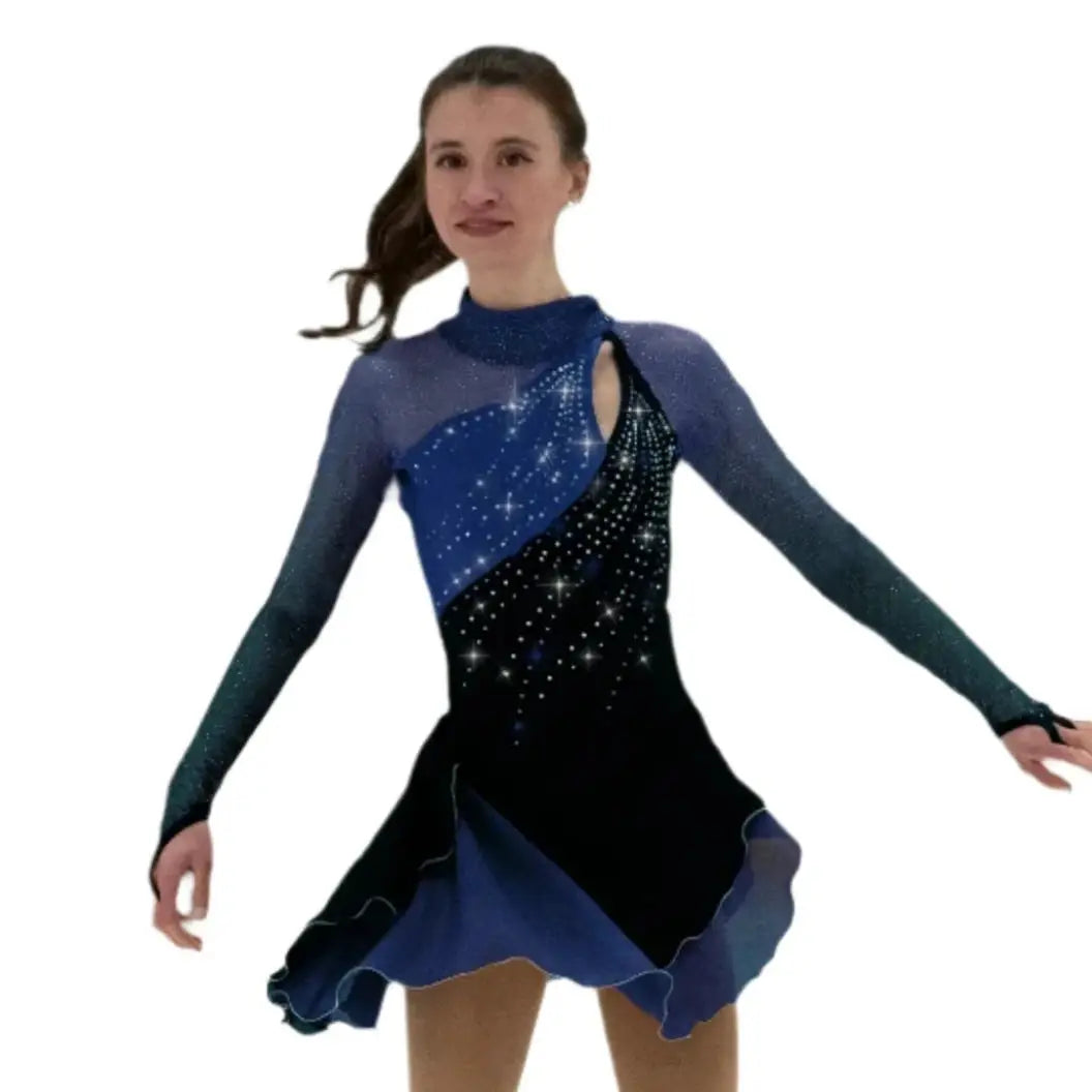 JR589-BB Figure Skate Dress - Black/Blue with glitter mesh sleeves, front keyhole cutout, and cascading rhinestones for ice skating competitions.