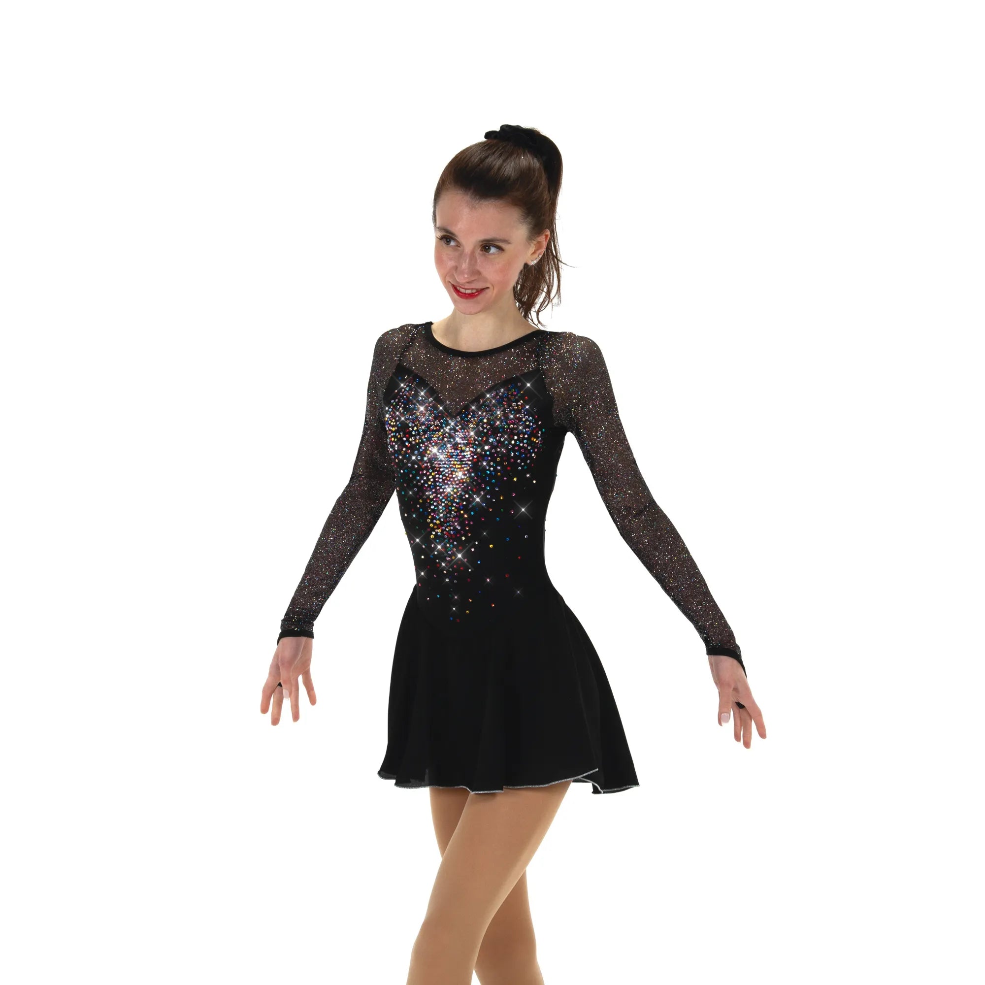 JR594 Midnite Mirage Dress displayed from the front with vibrant crystal embellishments and sheer glitter sleeves, perfect for performance wear.