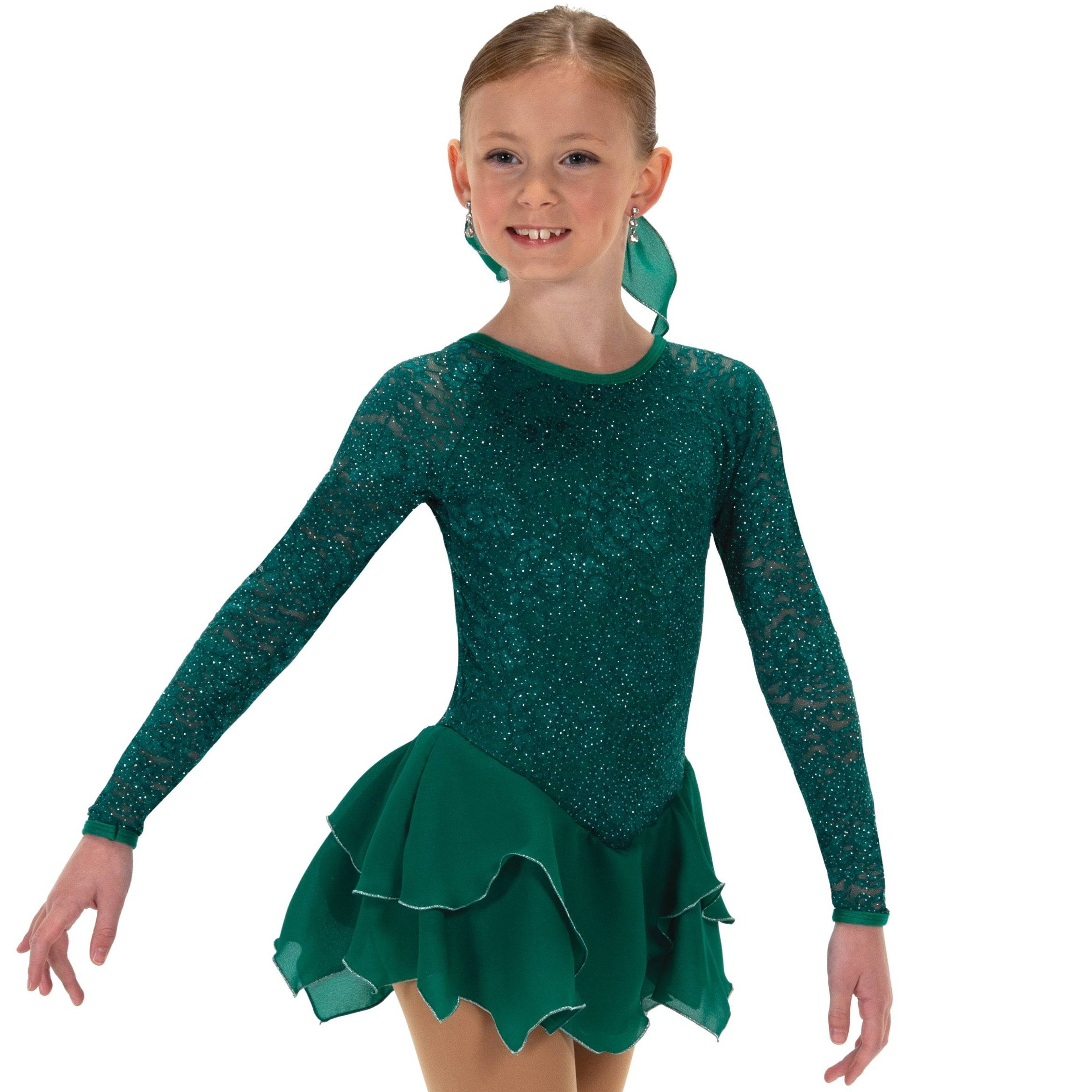 Emerald green tulip lace figure skate dress, front view