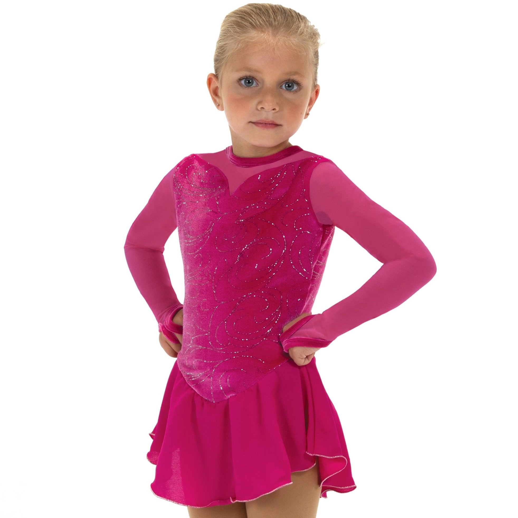 Fuchsia pink figure skate dress with glitter details, front view.