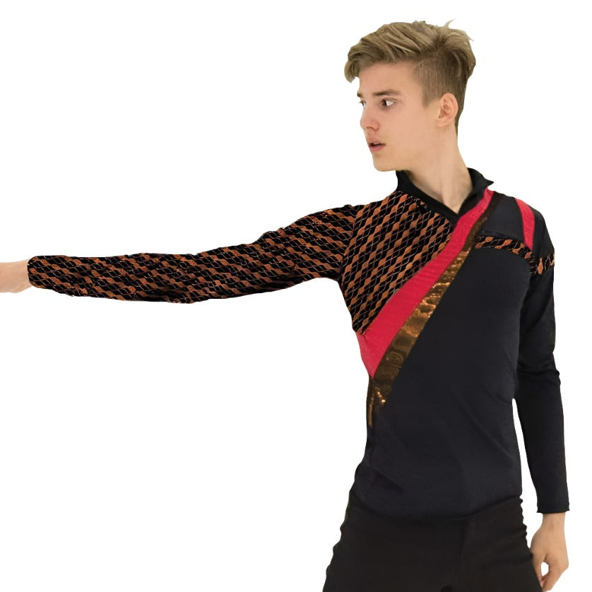 Mens Power Point Shirt with long sleeves, red and bronze spliced accents, and a stylish collar, ideal for competitive skating wear.