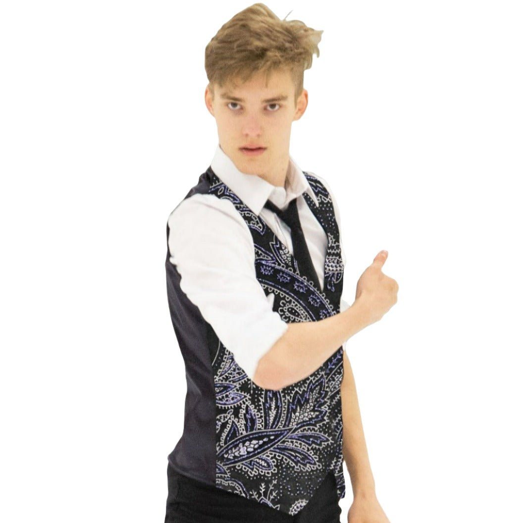 JR828 Mens Paisley Brocade Vest with black satin back and glittered velvet front, styled for men's skating clothes and formal routines.