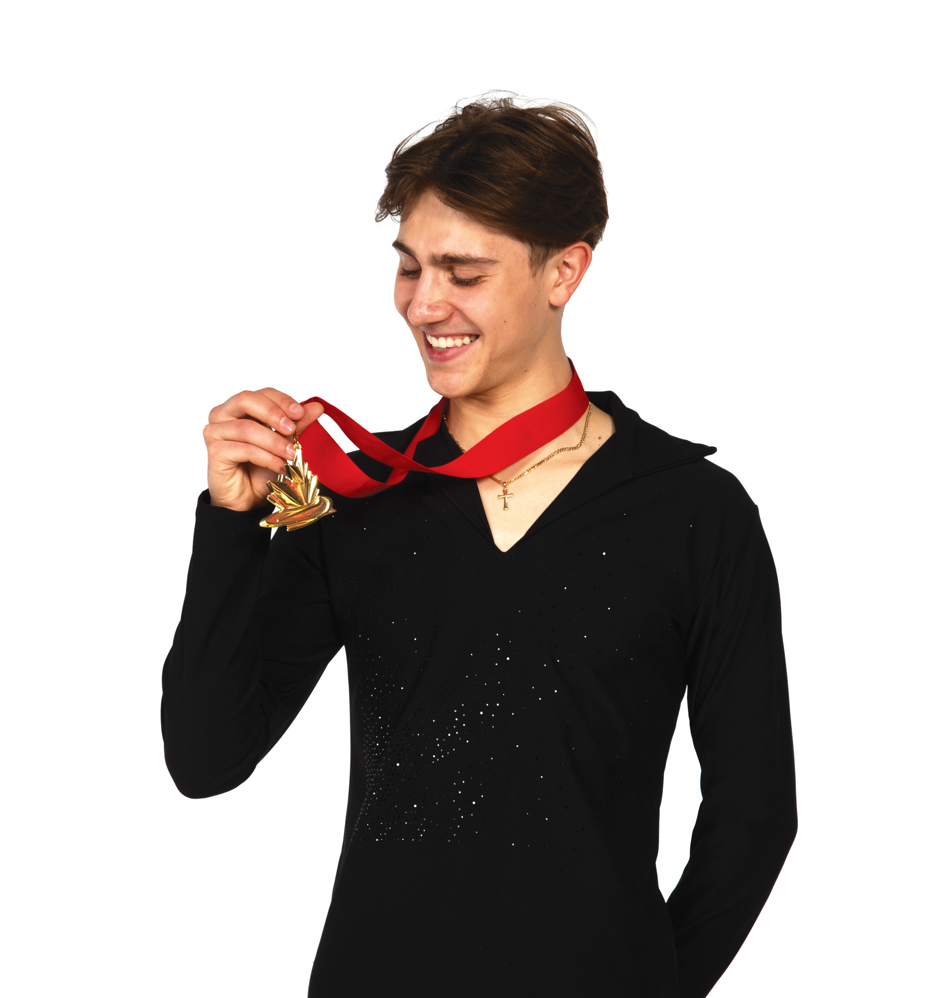 JR839 Mens Black Matte Shirt - Sleek Style with Unique Crystal Design, worn by male skater holding a gold medal. Ideal for competitions and performances.