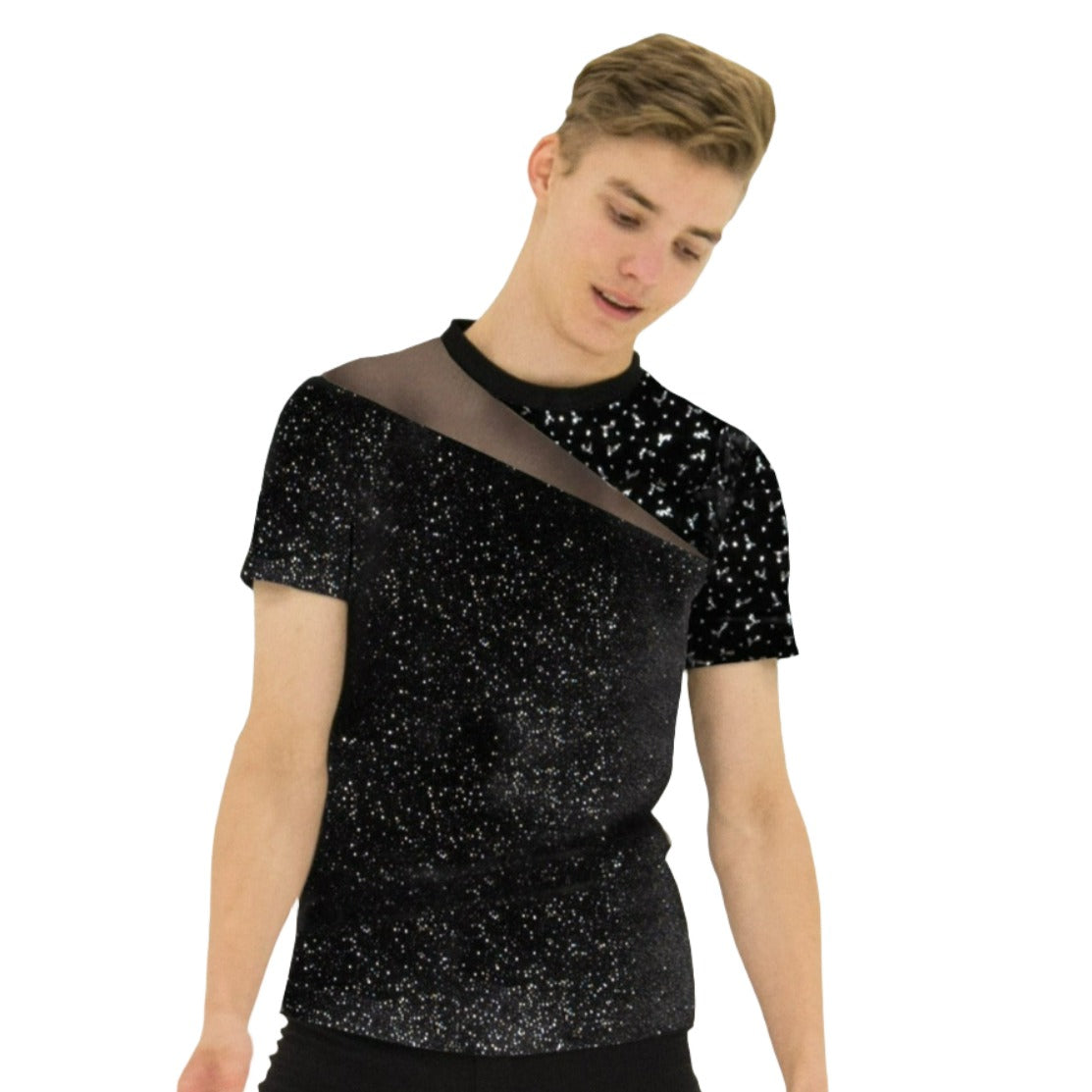 JR841 Mens Silver Slice Top - Unique Velvet Design with dual velvet textures and diagonal sheer mesh, ideal for men's skating performances.