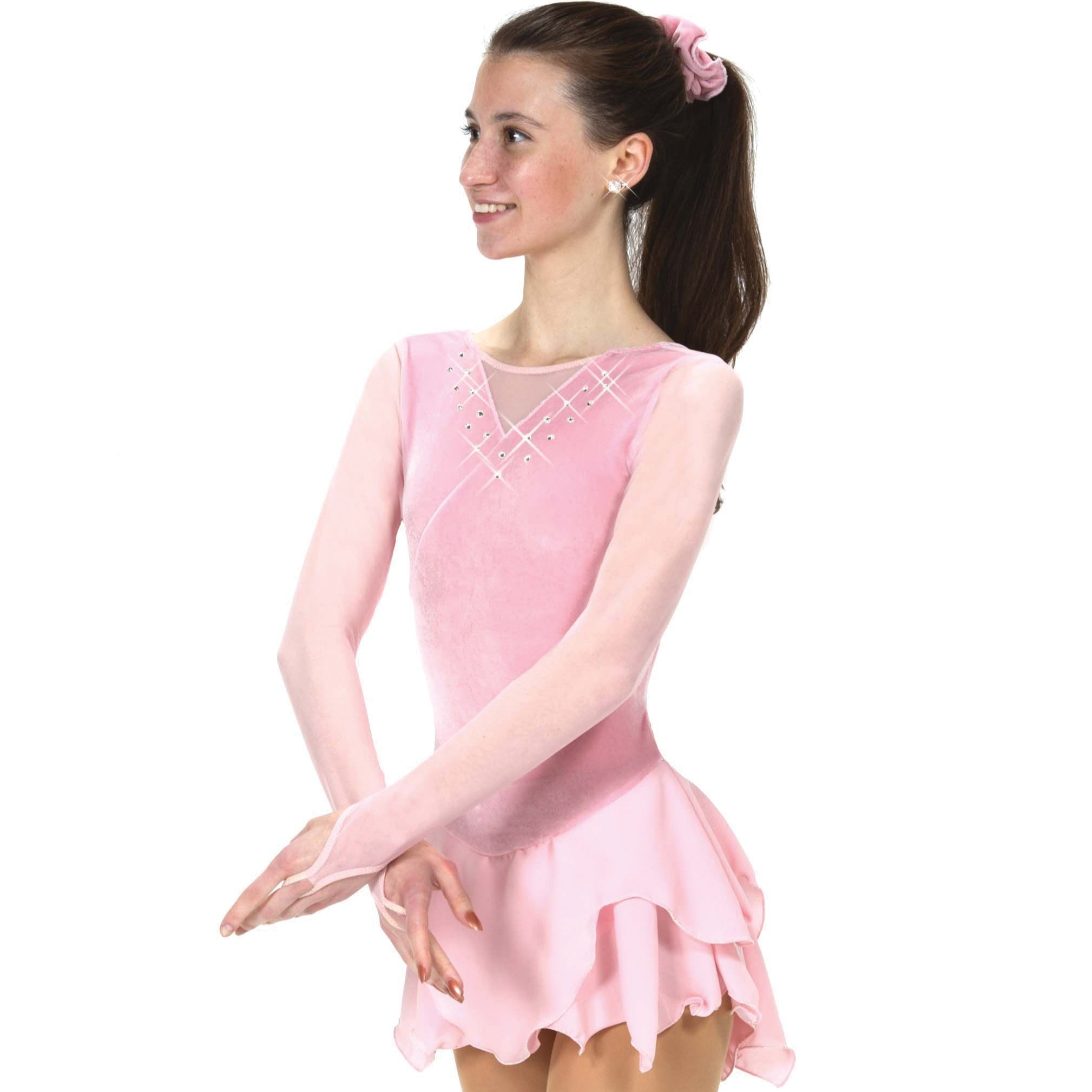 JR85 Skate Dress - Demi-Pointe Dance in pink velvet with mesh sleeves, crystal-accented V-neck, and tulip hem. Ideal for youth figure skating.