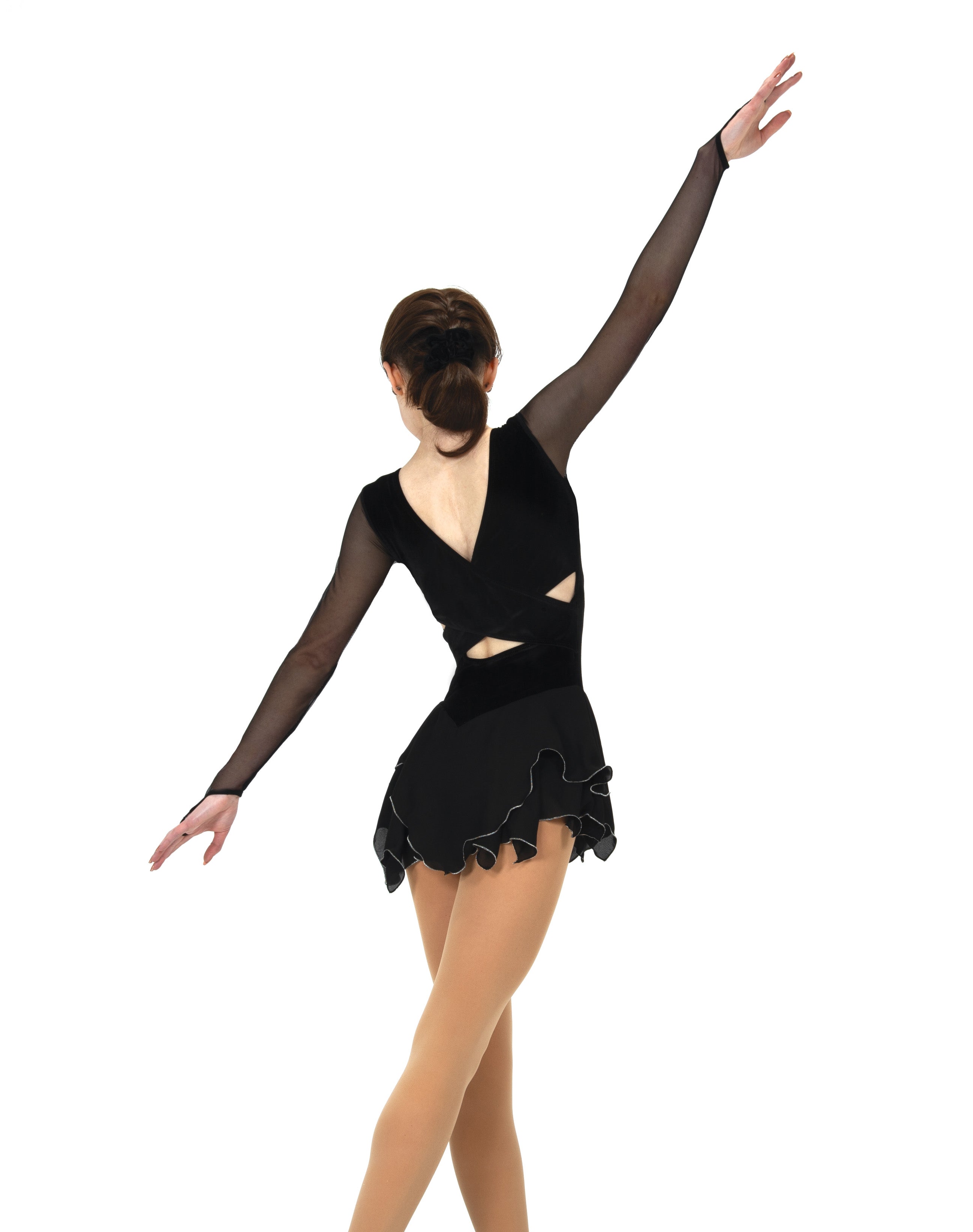 Back view of JR85 Demi-Pointe Dance Skate Dress in black featuring crisscross mesh back and layered skirt. Stylish for dance or skating events.