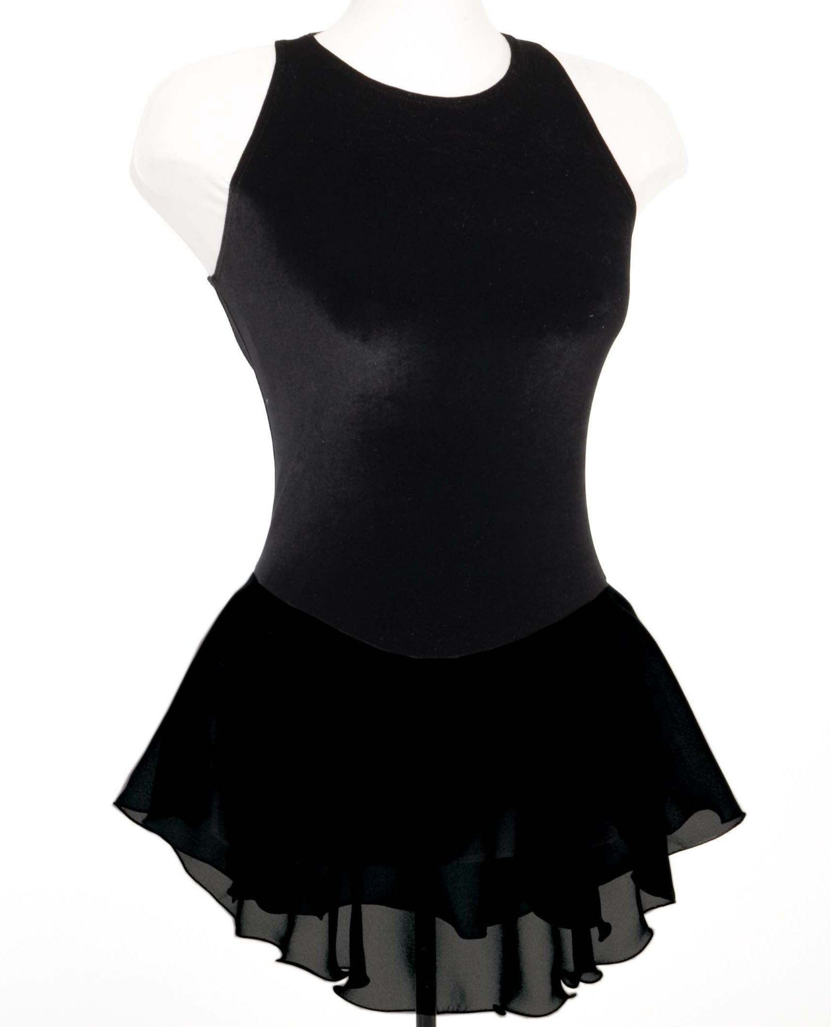 JR88 Trilogy Dance Skating Dress - Black Velvet front view with sleeveless bodice and layered georgette skirt for youth to adult sizes.
