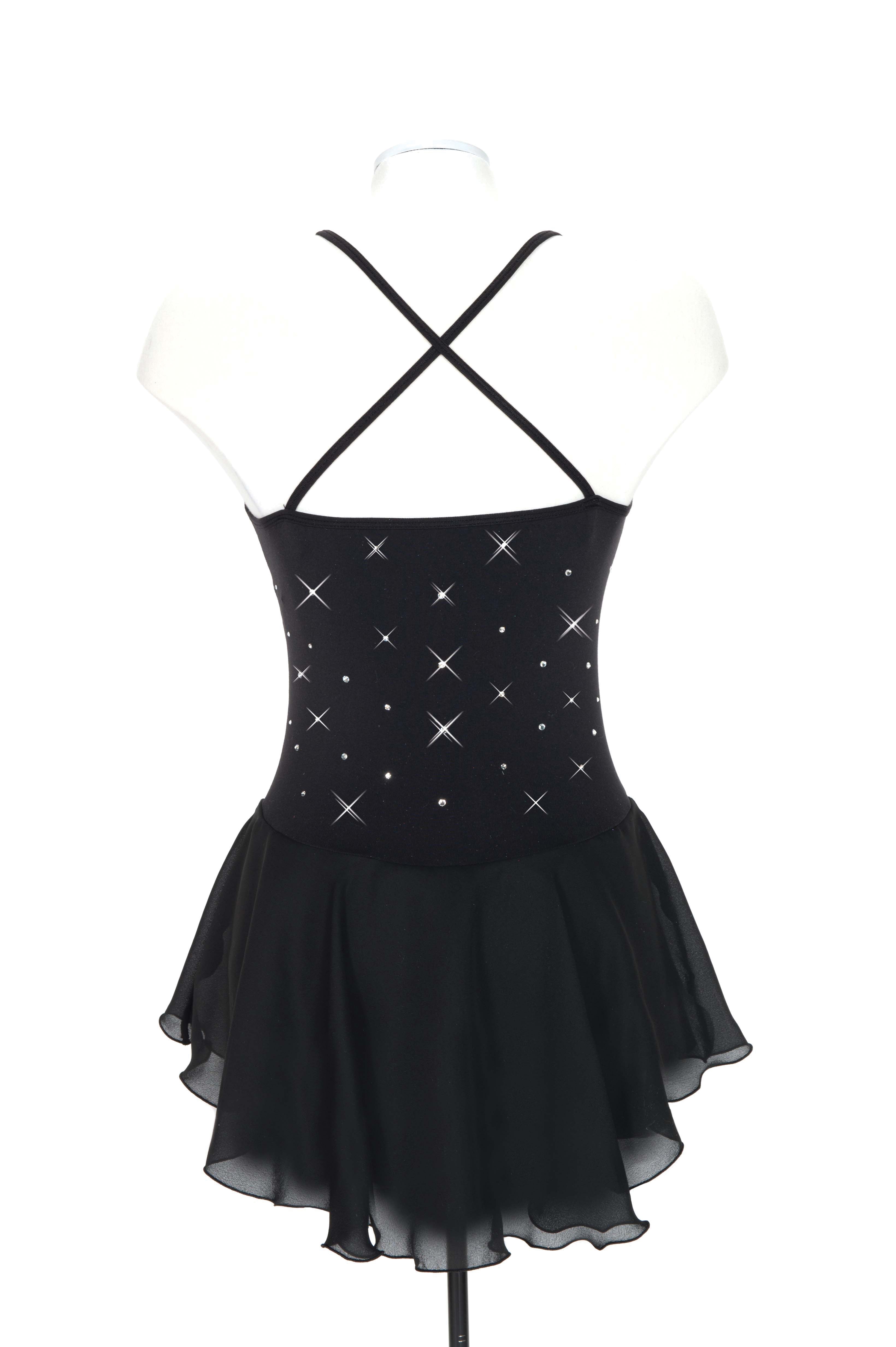 Back view of JR90 Mirror Dance Skate Dress featuring crisscross straps, shimmering crystals, and flowing black georgette skirt for figure skating.
