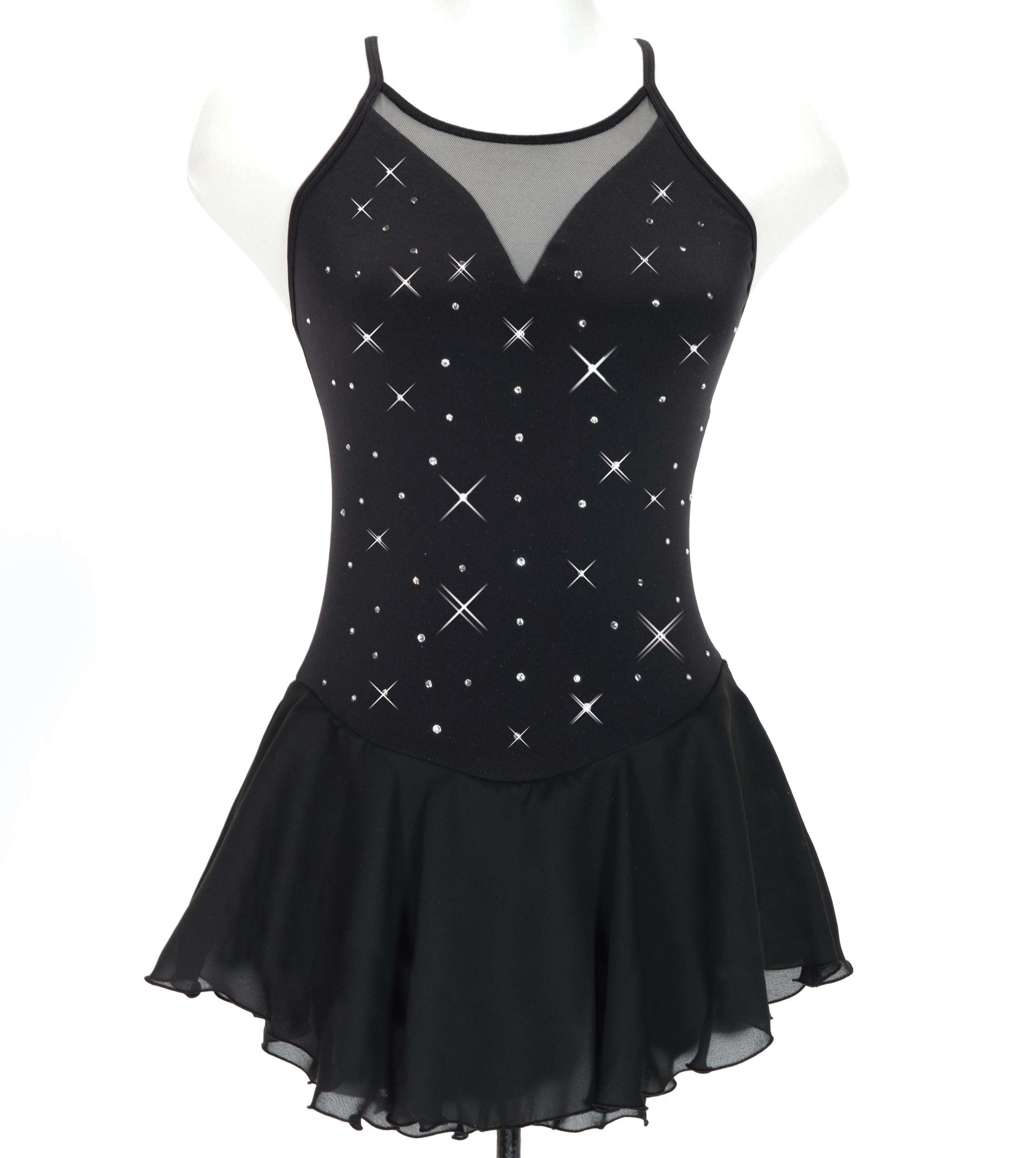 JR90 Mirror Dance Skate Dress - Stunning Performance in black lycra with crystal accents, mesh neckline, and layered georgette skirt front view.