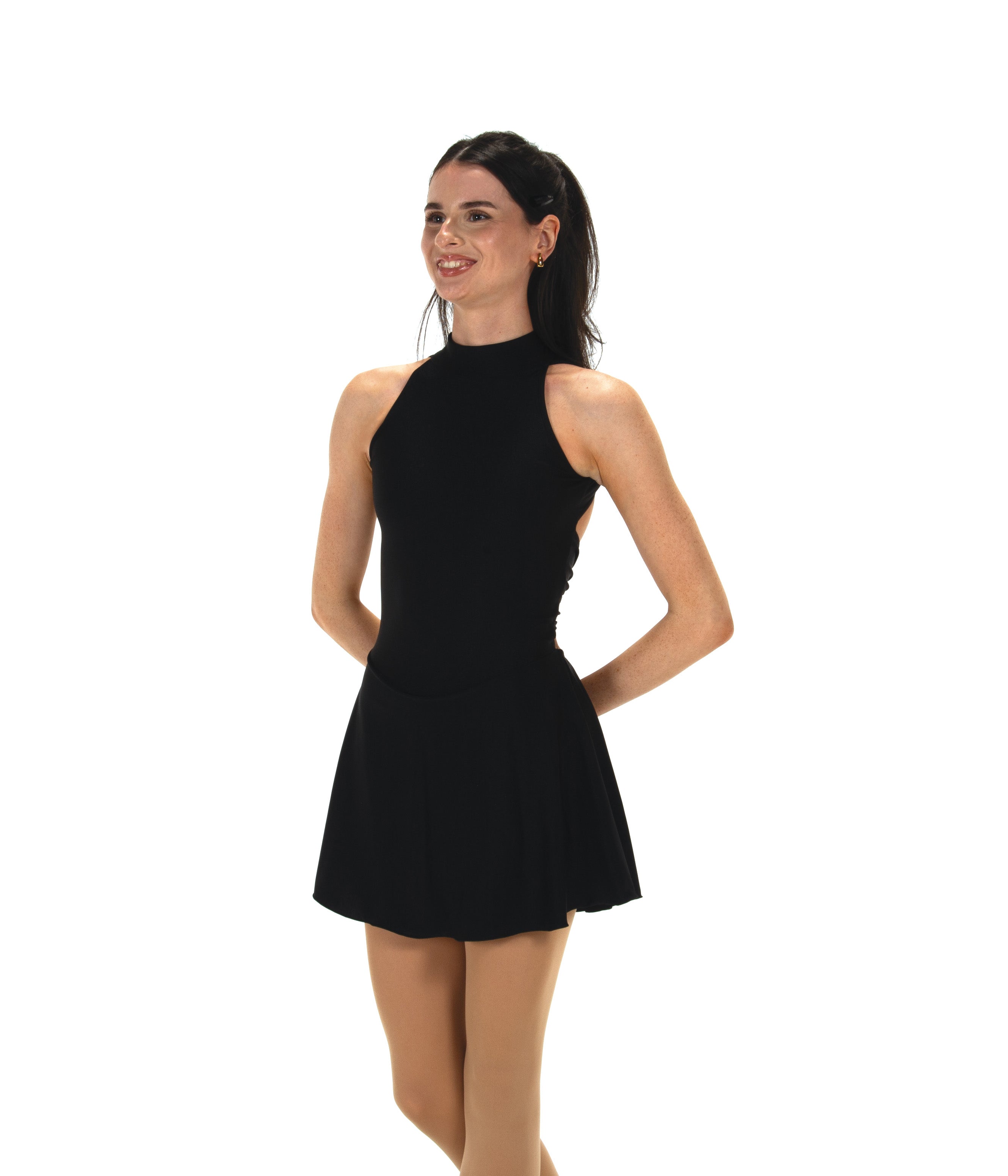 JR91 Twizzle Back Dance Figure Skate Dress in black lycra with high neck and flared skirt, ideal for competitions and performances.