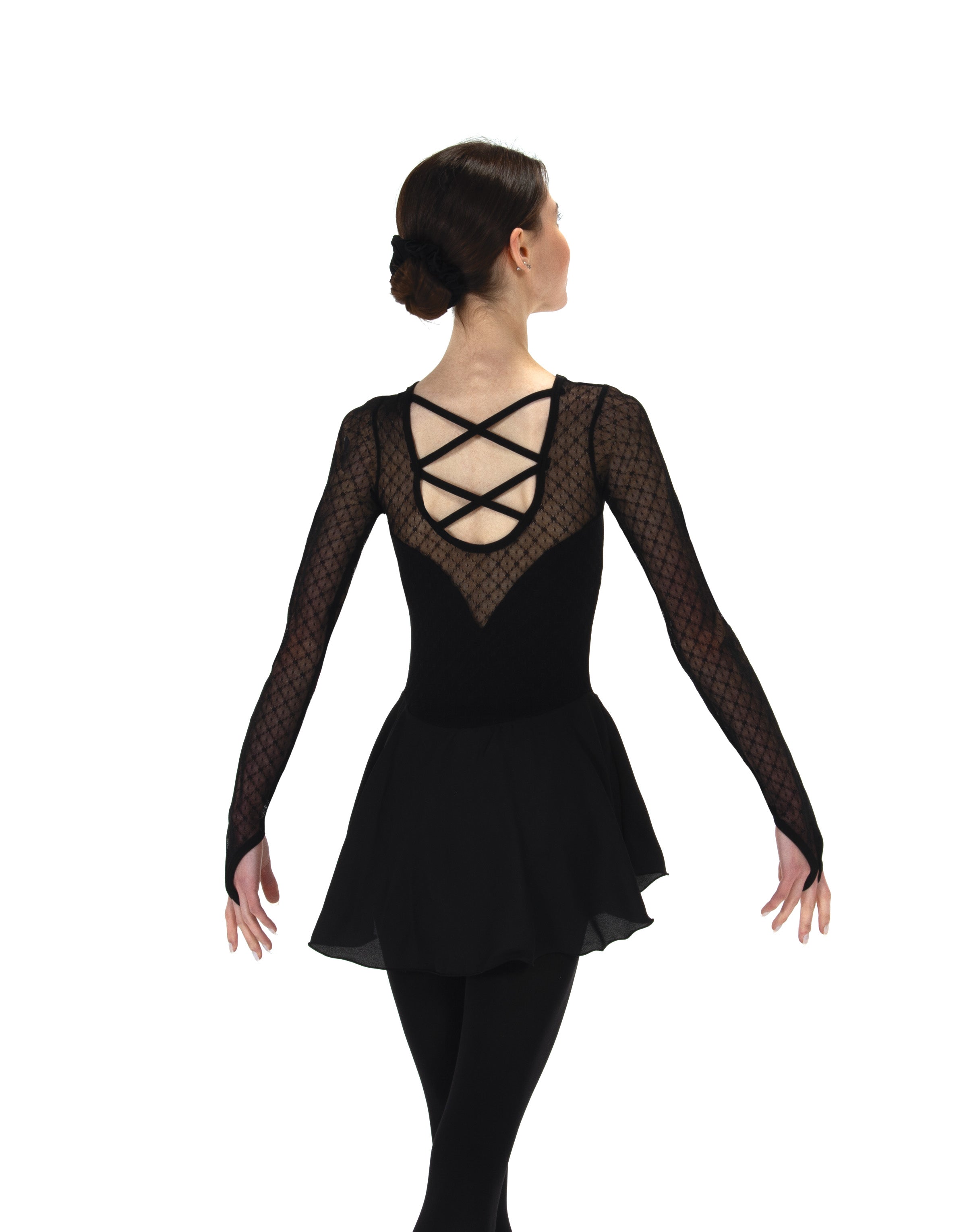 Back view of JR93 Overmesh Skate Dress in black featuring crisscross straps and mesh back, stylish choice for competition or practice.