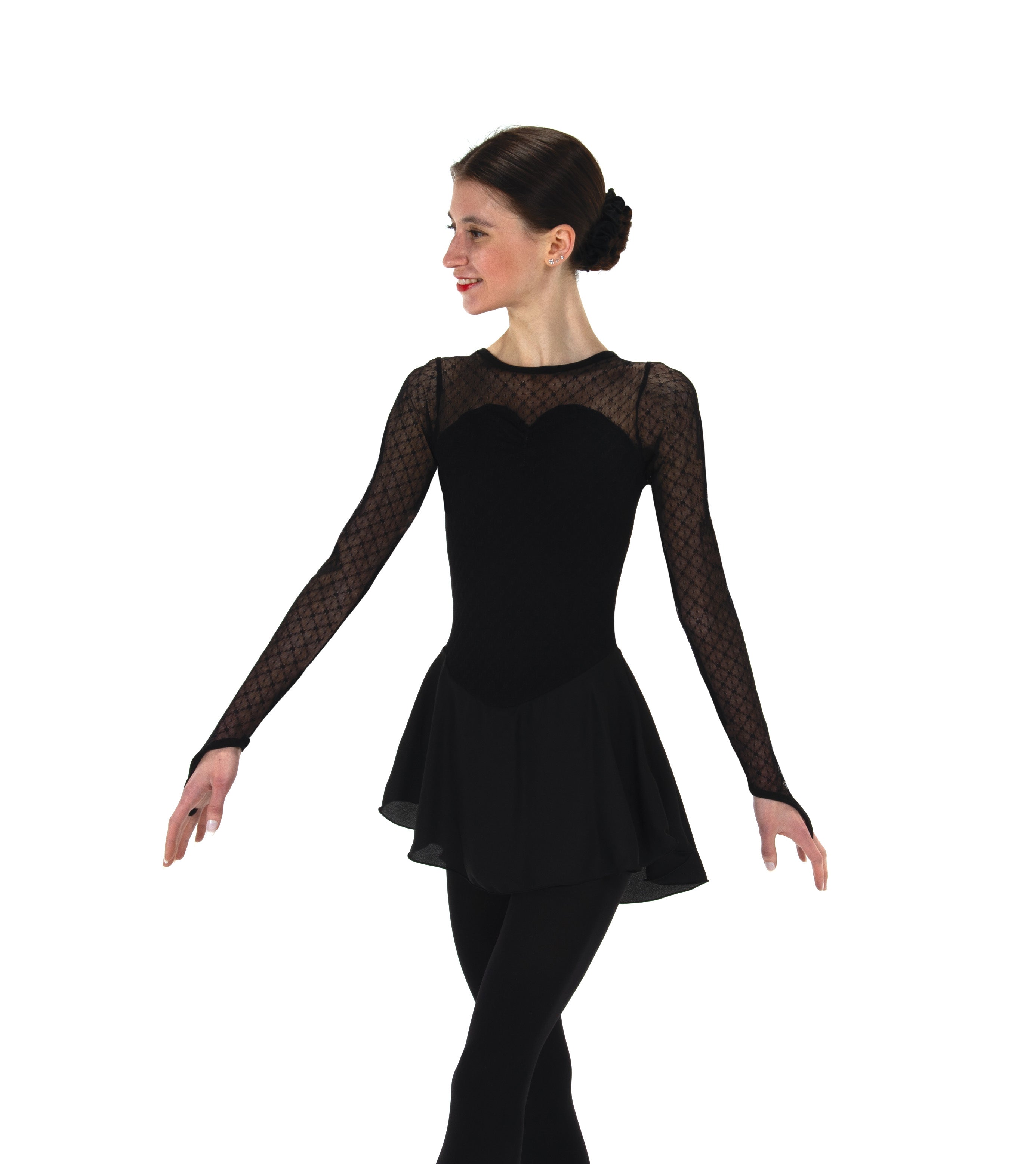 JR93 Overmesh Skate Dress in black with long mesh sleeves and sweetheart bodice, designed for youth and adult figure skating routines.