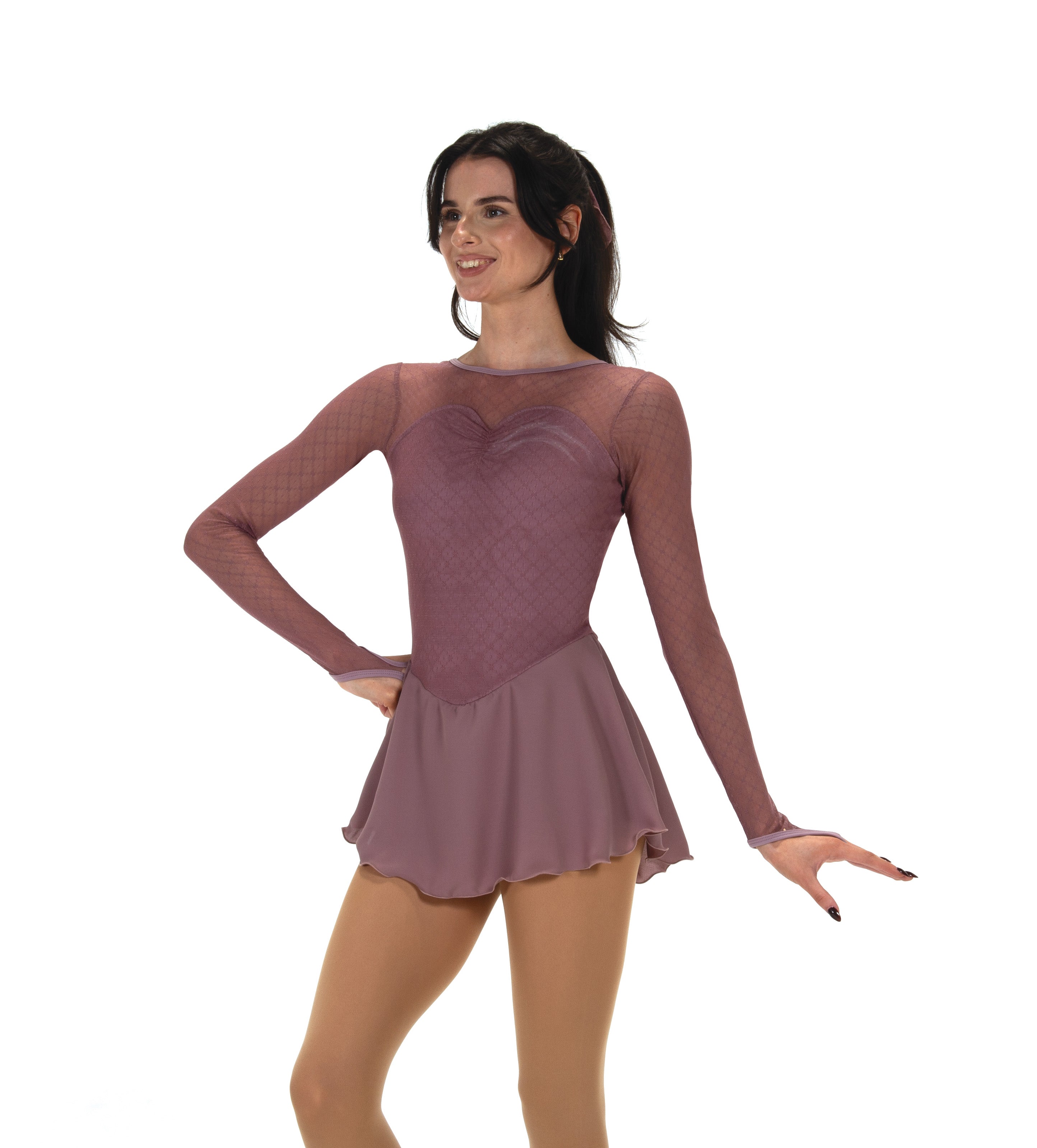 JR93 Overmesh Skate Dress in mauve with embossed mesh sleeves and scoop back, ideal for youth and adult figure skating performances.