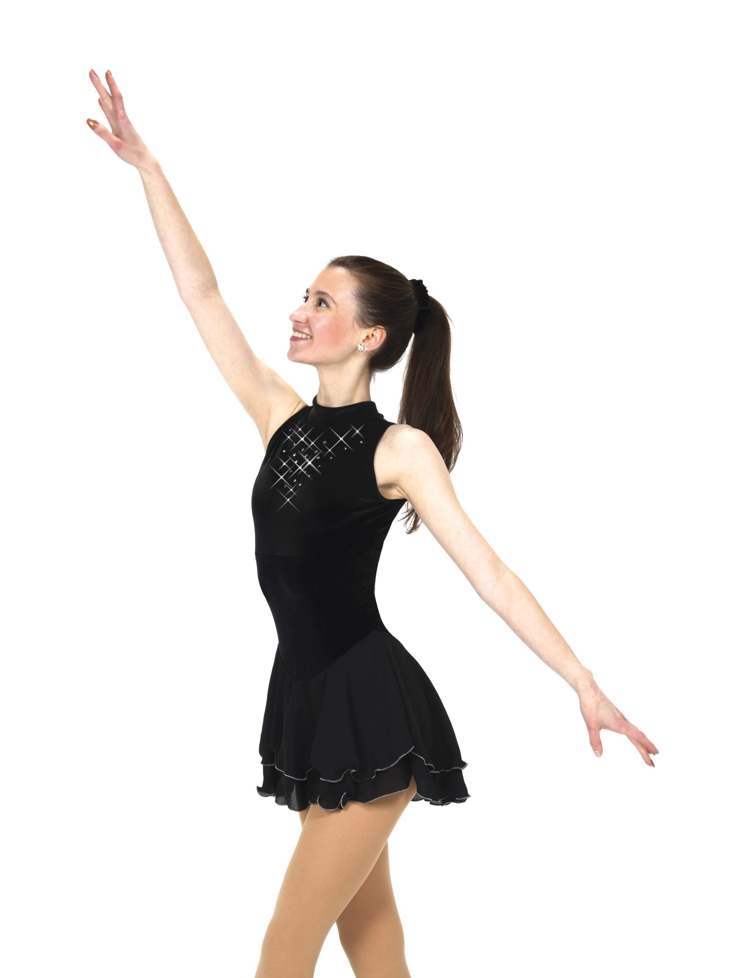 JR94 Resilience Dance Skate Dress in black with sparkly front crystals, high neck, and double layer skirt. Ideal for youth to adult figure skaters.