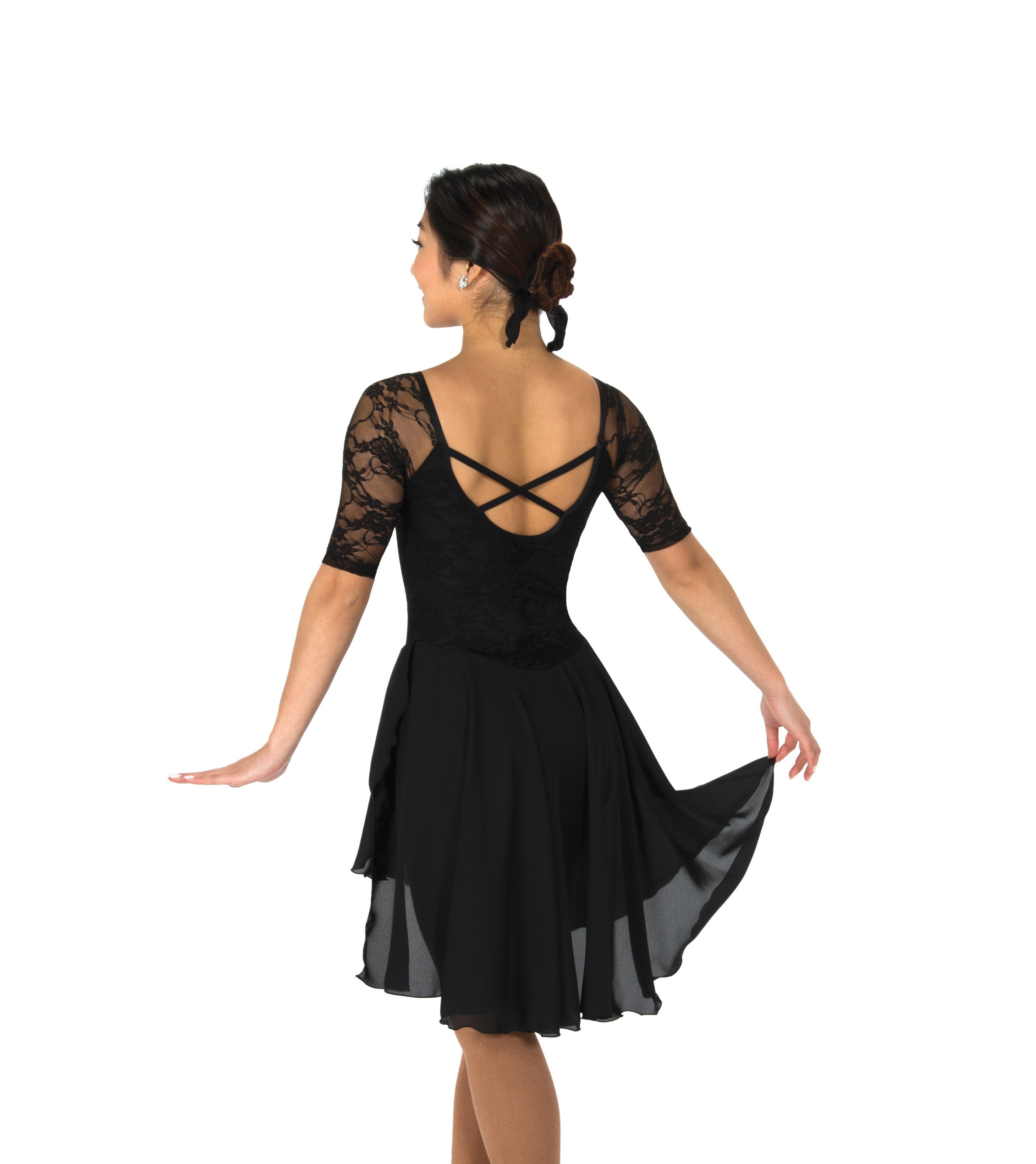 Back view of JR95 Classic Lace Dance Figure Skate Dress featuring a scoop back with crisscross straps and layered chiffon skirt.