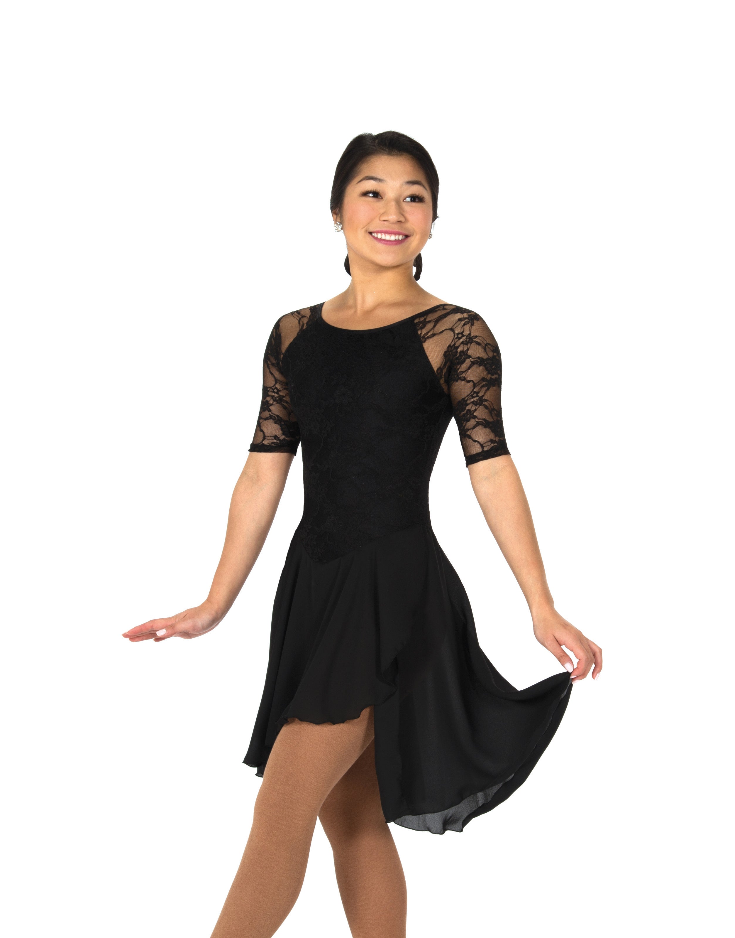 JR95 Classic Lace Dance Figure Skate Dress in black with elbow-length lace sleeves and flowing skirt, ideal for youth to adult skaters.