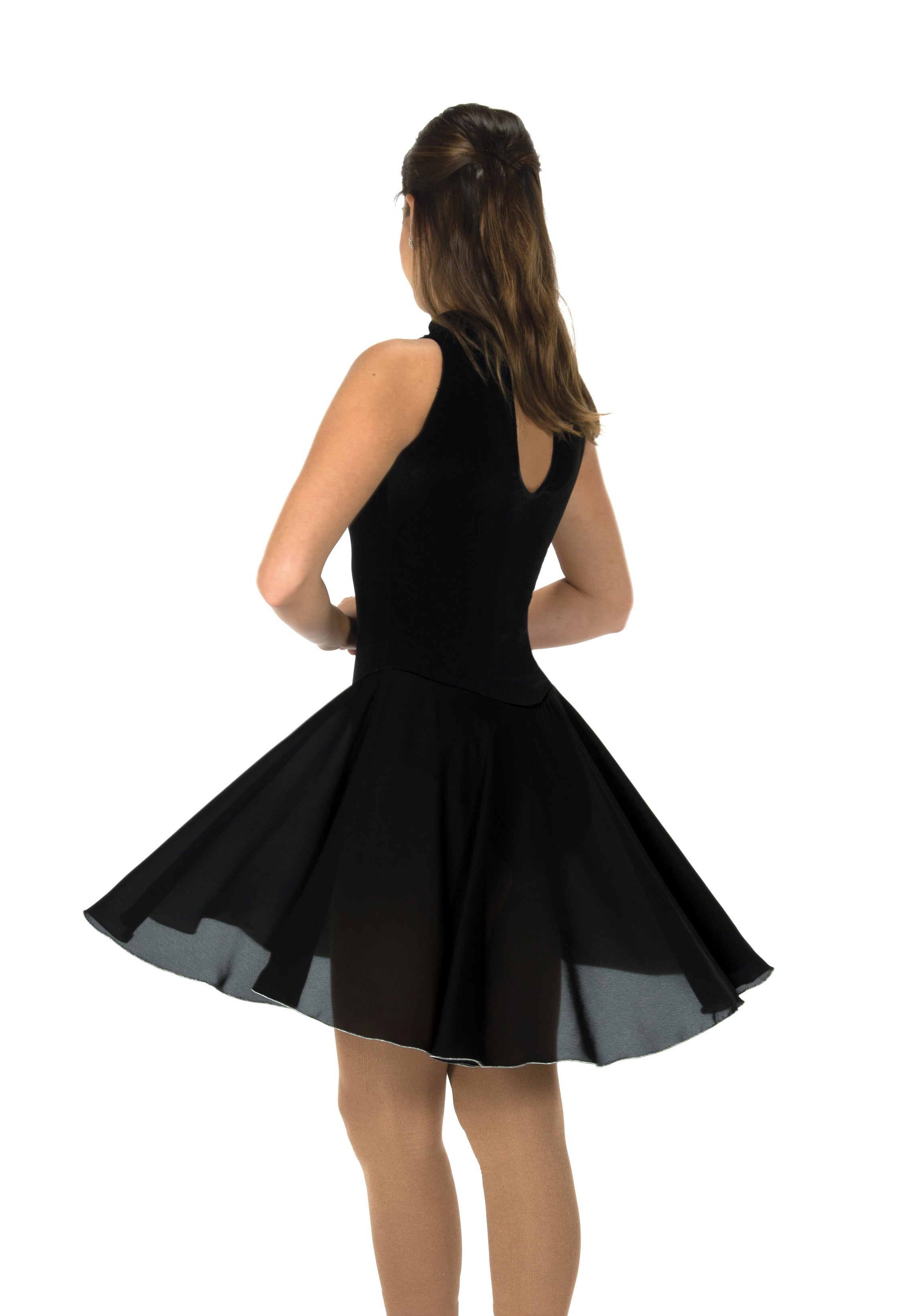 Back view of JR97 Crystal Figure Skate Dress showing keyhole back design and flowing black georgette skirt with silver edging, perfect for skating.