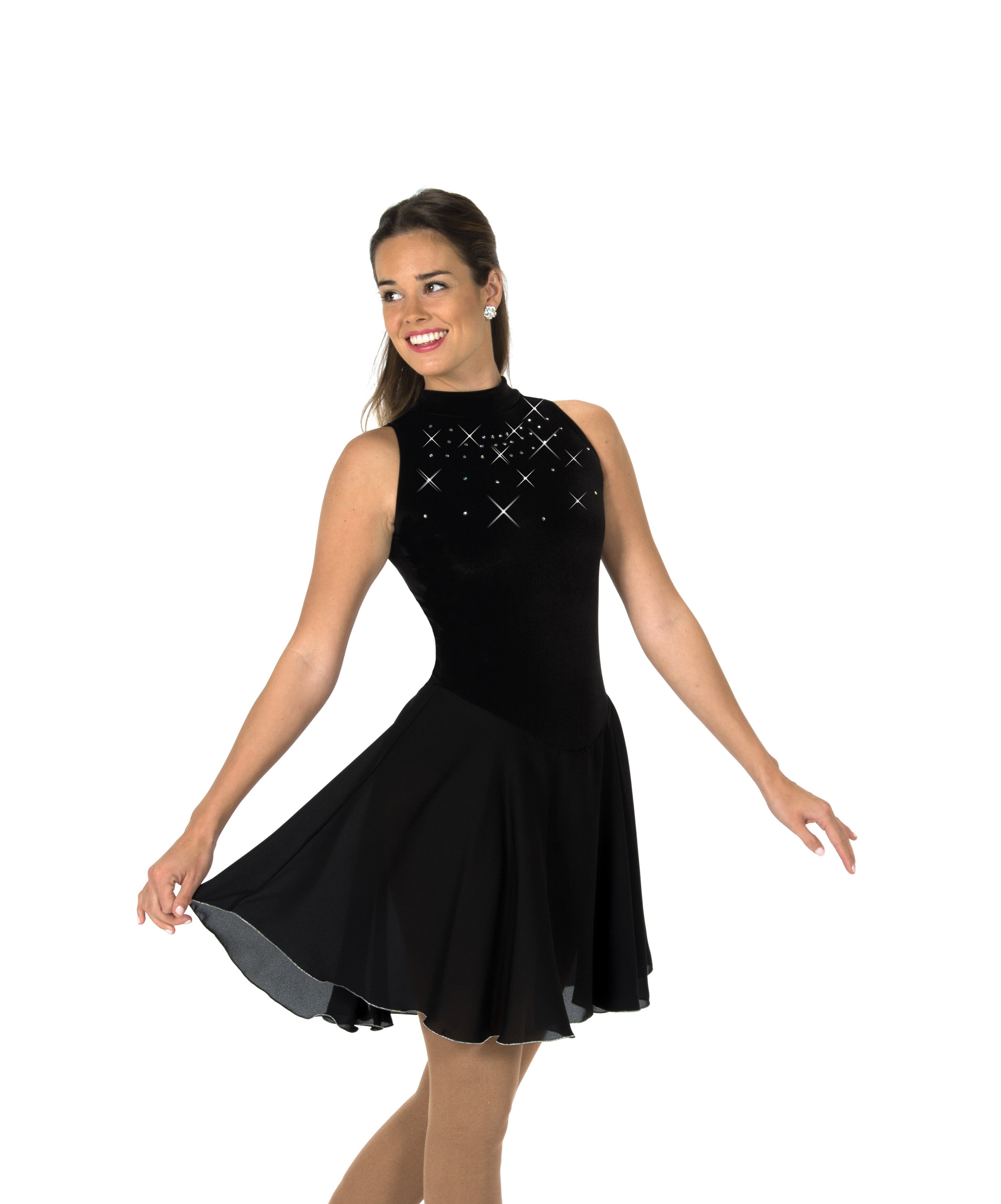 JR97 Crystal Figure Skate Dress in black velvet with crystal accents on bodice and silver-edged georgette skirt, ideal for dance or competition.