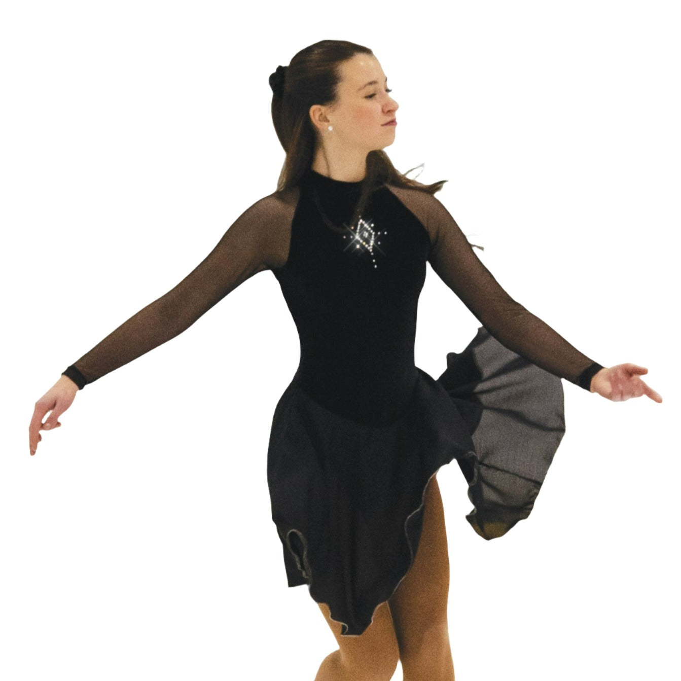 JR98 Coronet black dance skate dress with mesh sleeves, high neck, and crystal chest detail. Ideal for figure skating performances.