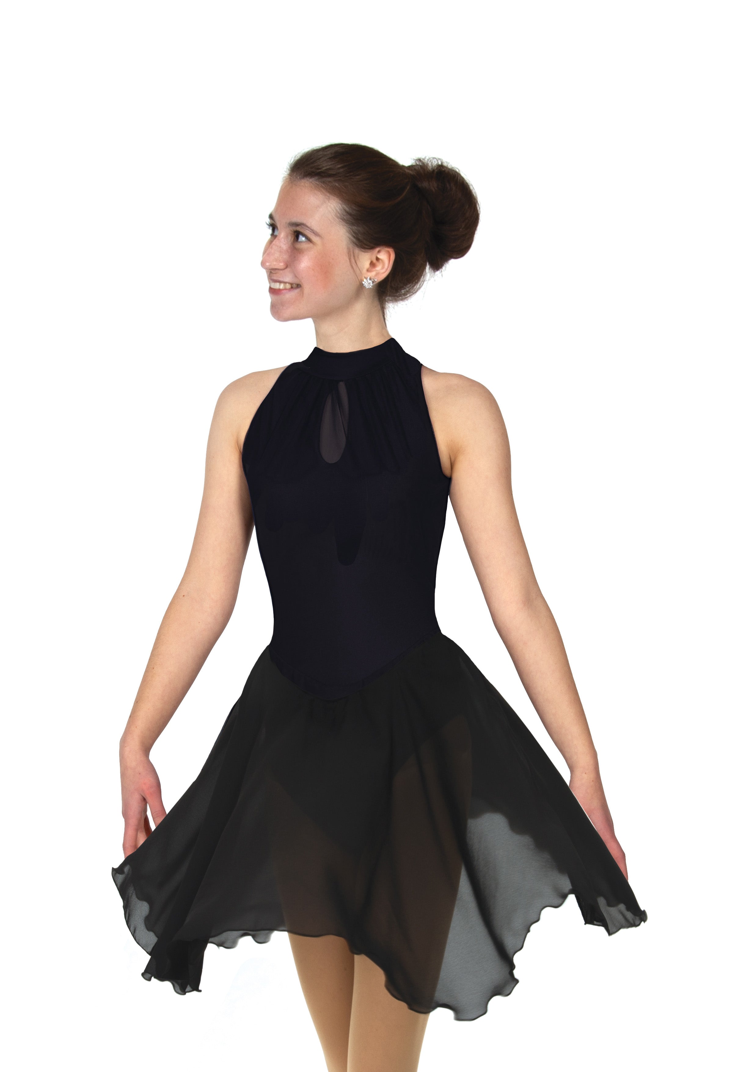 Black keyhole dance figure skate dress, alternate front view