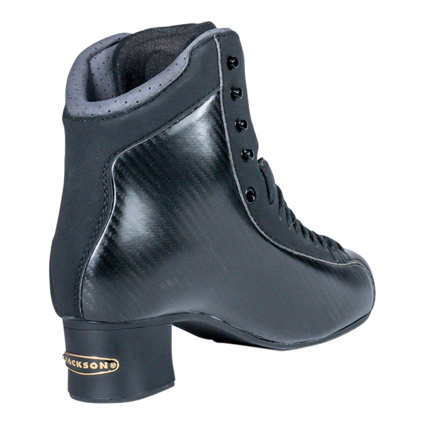 Rear angled view of Jackson Mens Synergy Ignite PBX Figure Skate Boot showcasing padded collar and Jackson branding on heel.