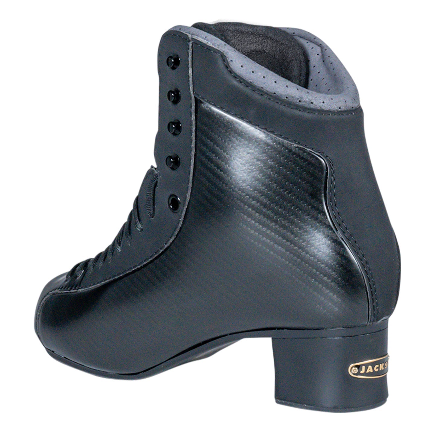Angled rear view of Jackson Mens Synergy Ignite PBX Figure Skate Boot showing ergonomic heel and carbon fiber texture.