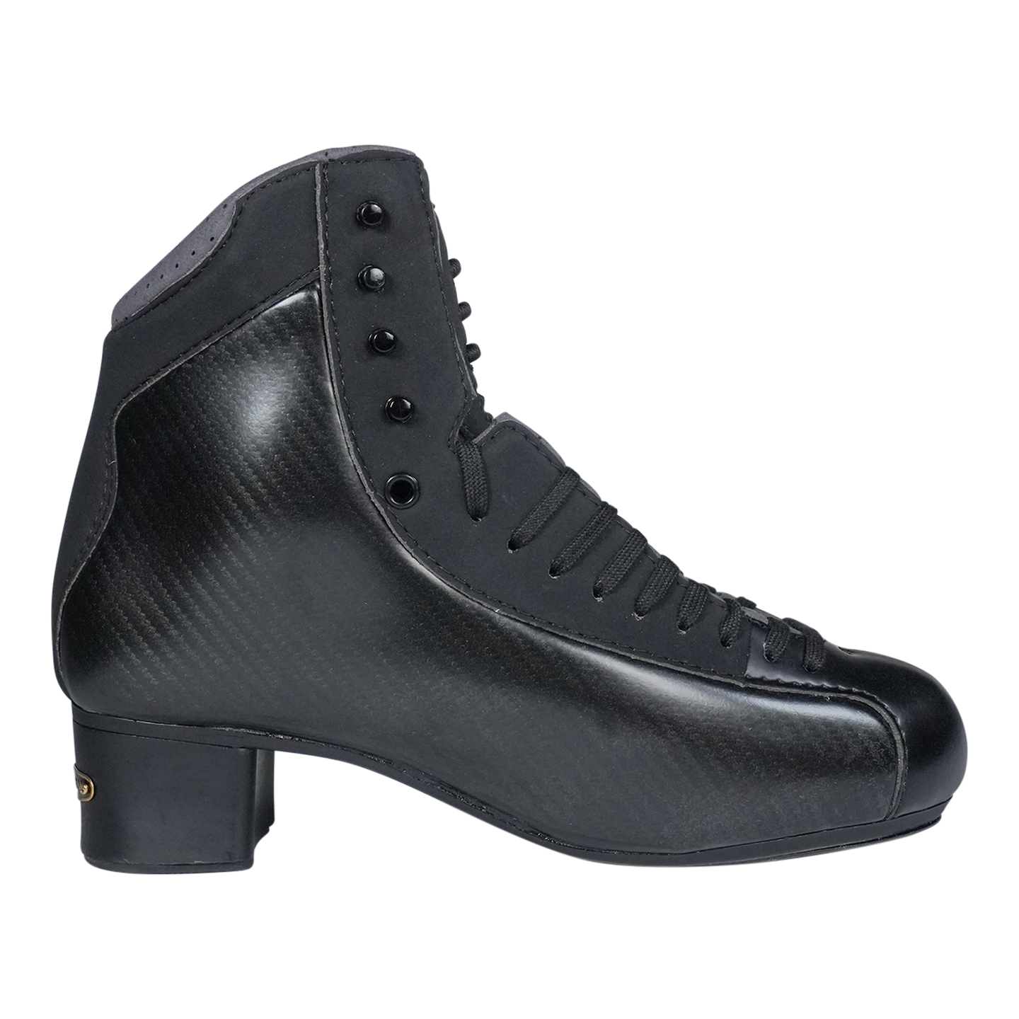 Side profile of Jackson Mens Synergy Ignite PBX Figure Skate Boot highlighting sleek carbon fiber finish and ankle support structure.