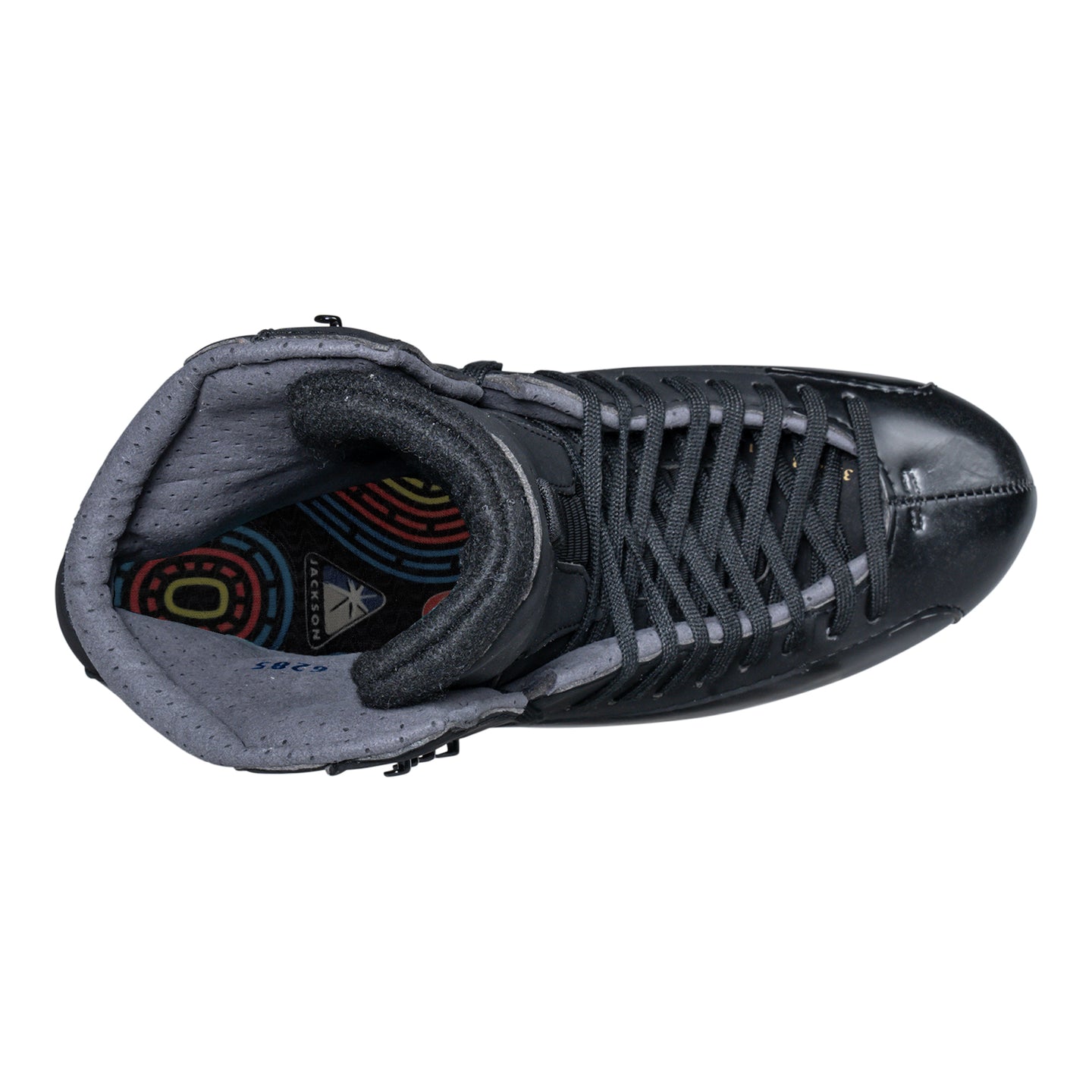 Top-down view of Jackson Mens Synergy Ignite PBX Figure Skate Boot revealing inner lining and colorful insole design.