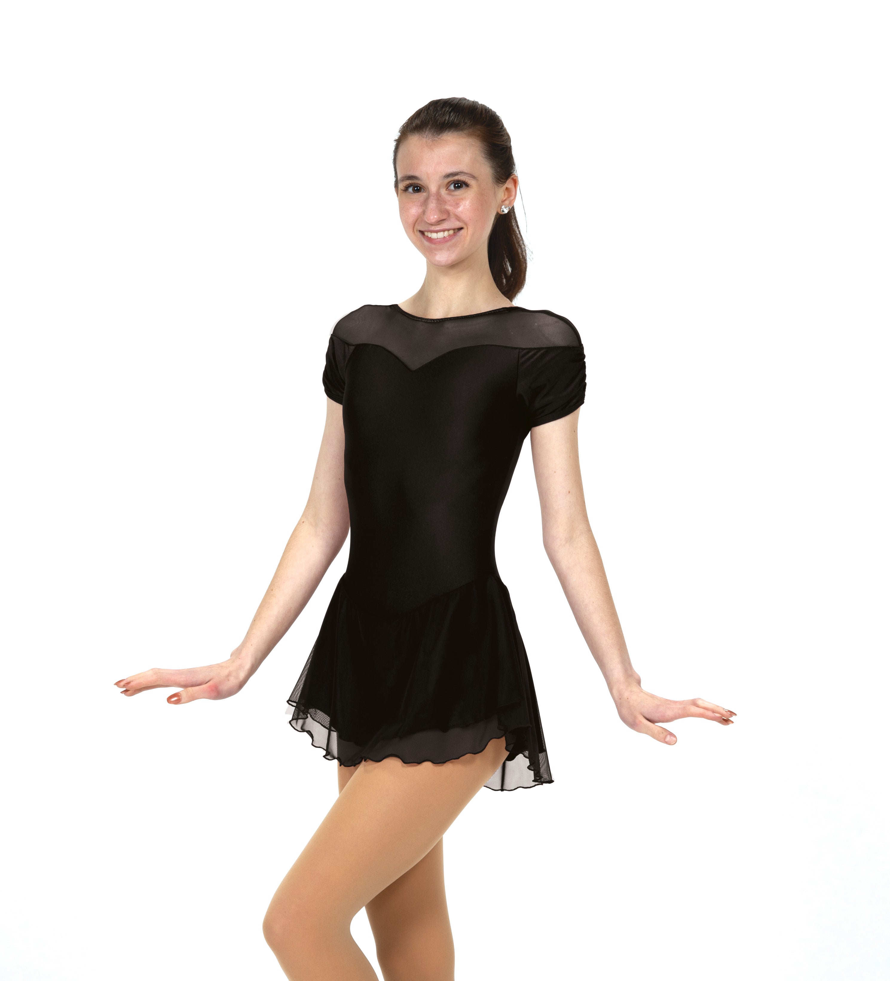 Black figure skate dress with shirred sleeves, side view