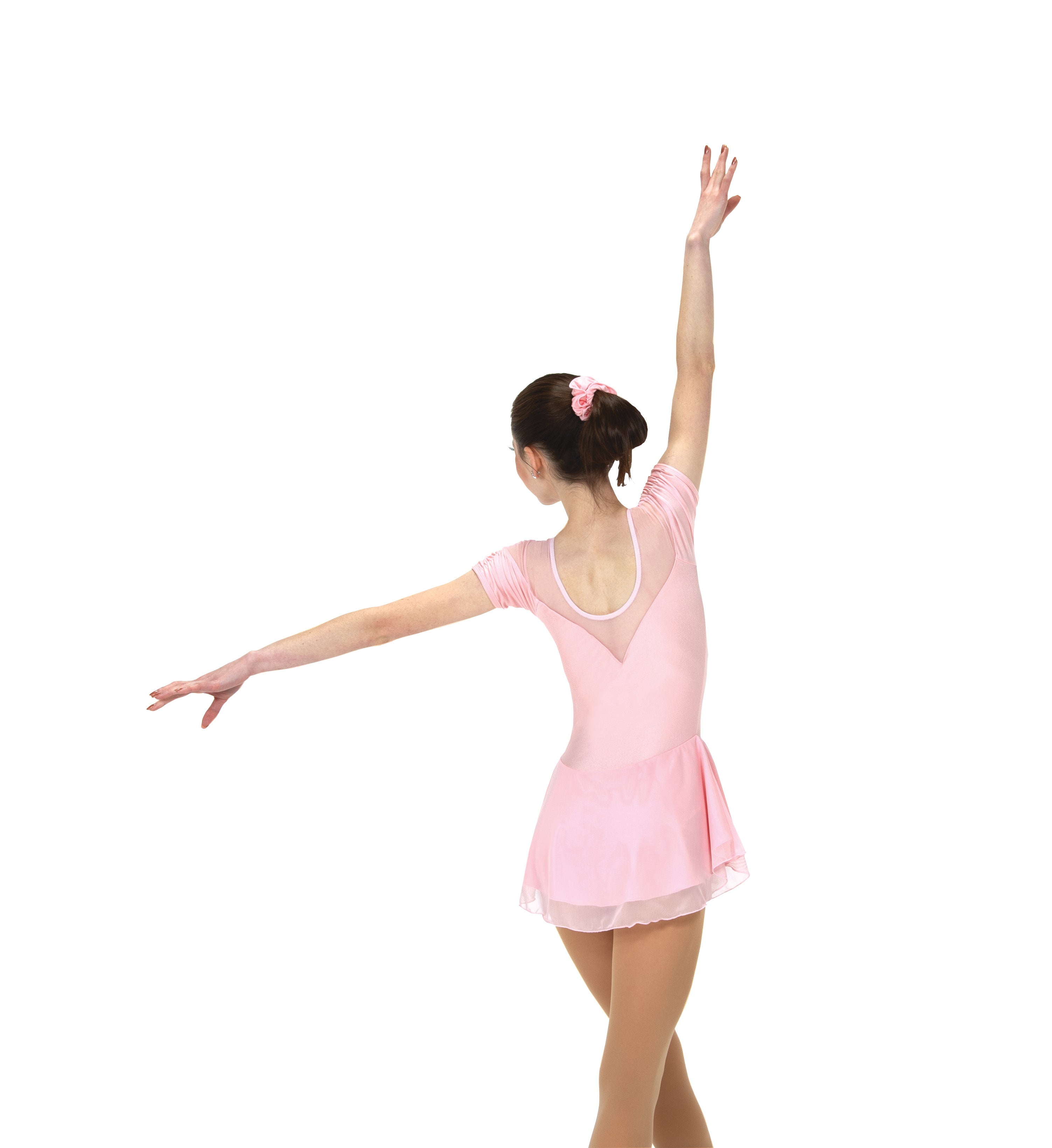 Rear pose of ballet pink skate dress with flowing overskirt