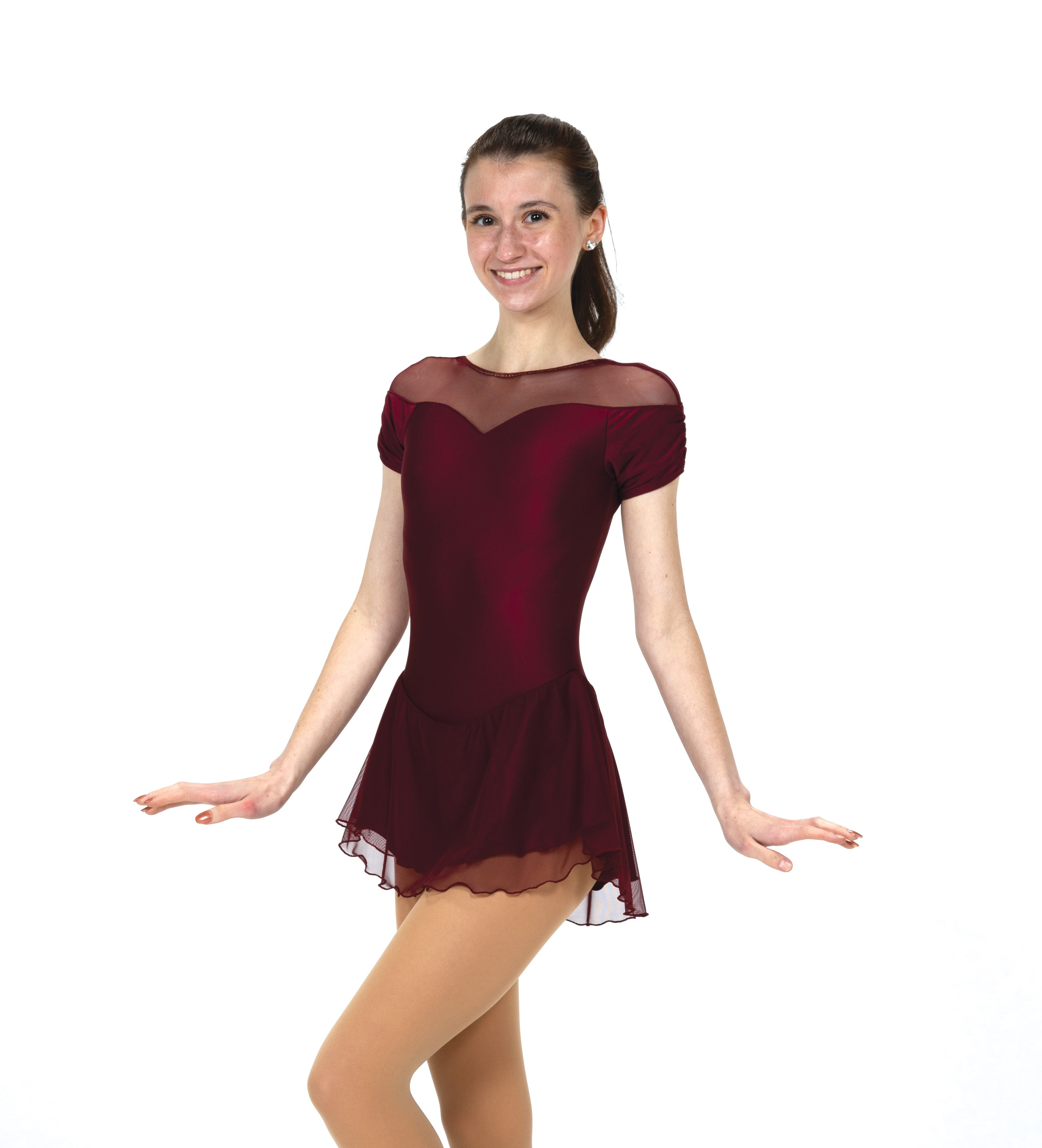 Front view of wine figure skate dress with sweetheart neckline